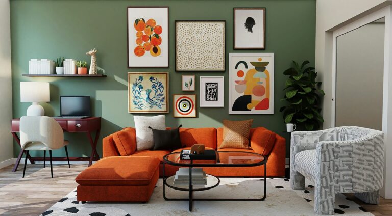 Living room featuring an orange modular sofa, a gallery wall of framed artwork, a green backdrop, and a small desk in the corner.