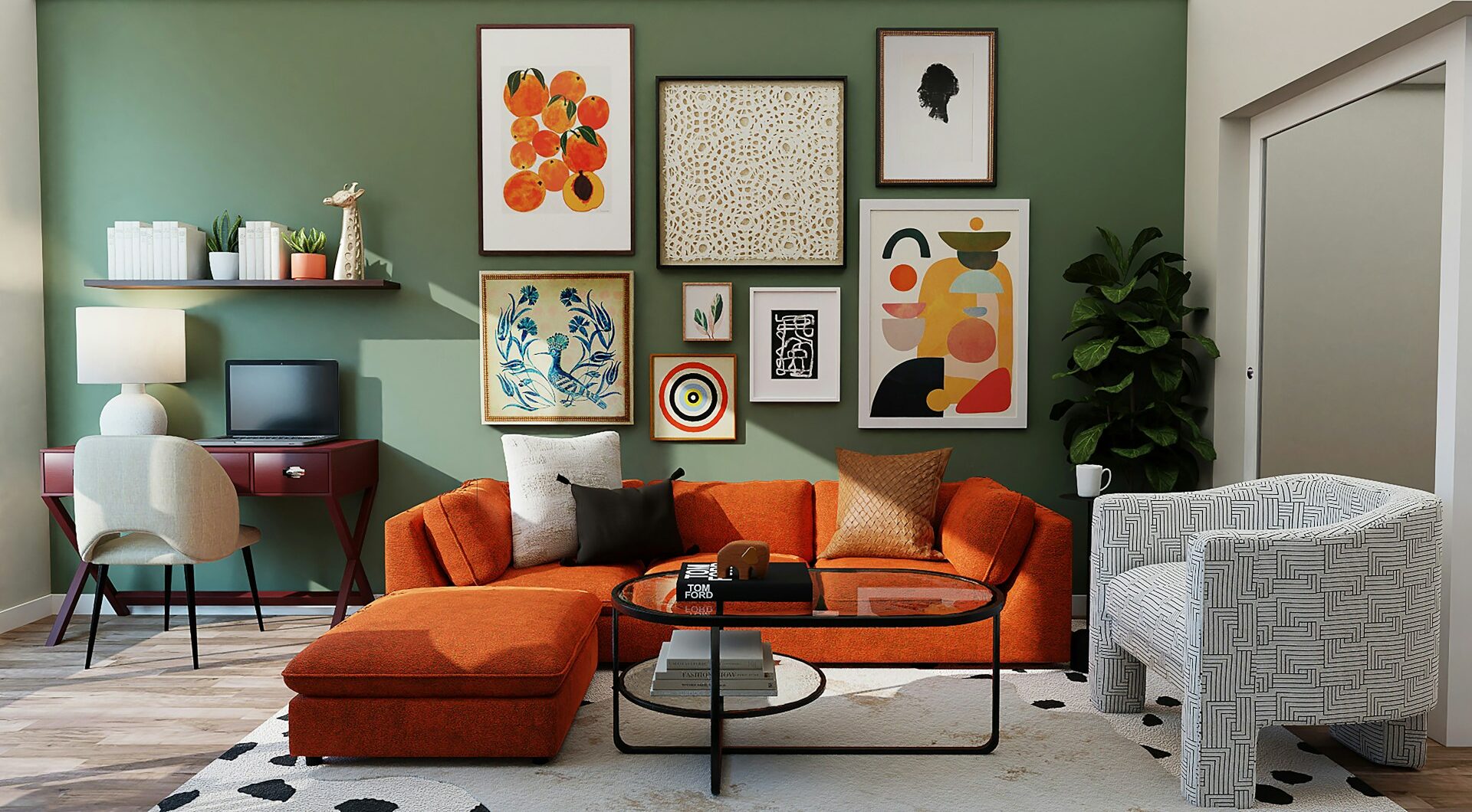 Living room featuring an orange modular sofa, a gallery wall of framed artwork, a green backdrop, and a small desk in the corner.