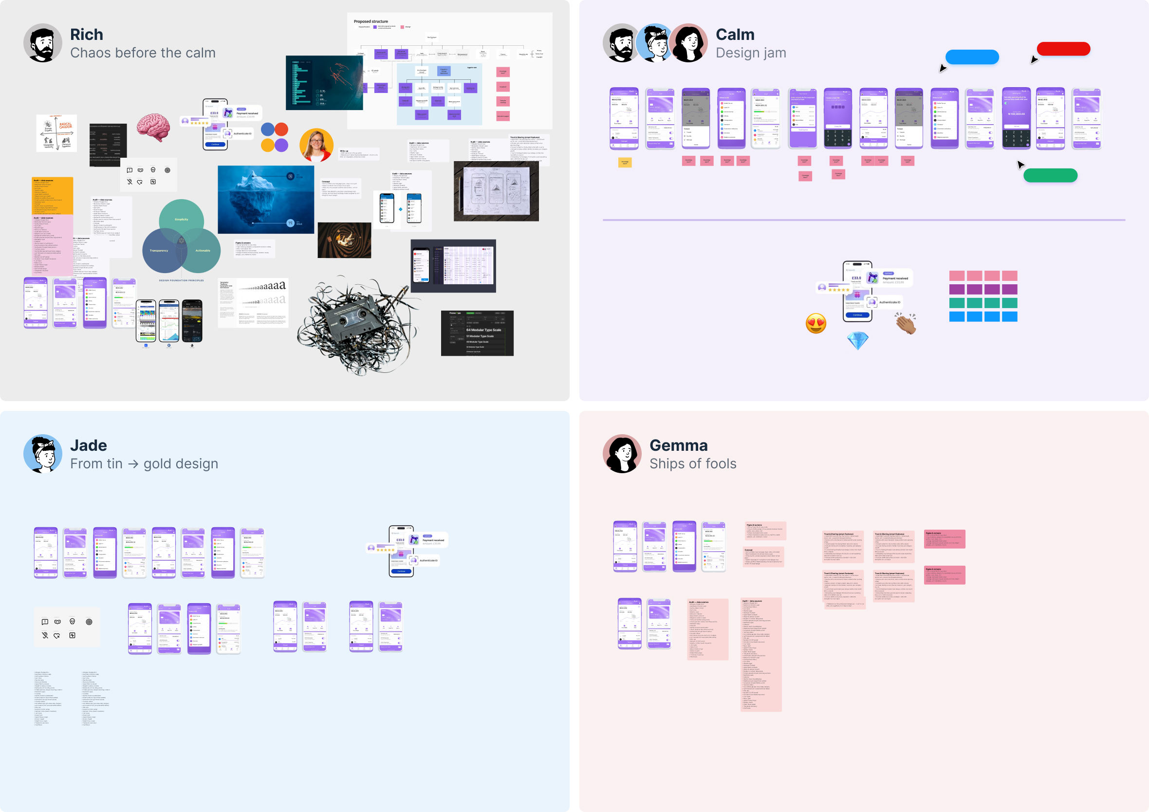 Zoomed-out Figma board showing three individual chaos sections and one shared calm section