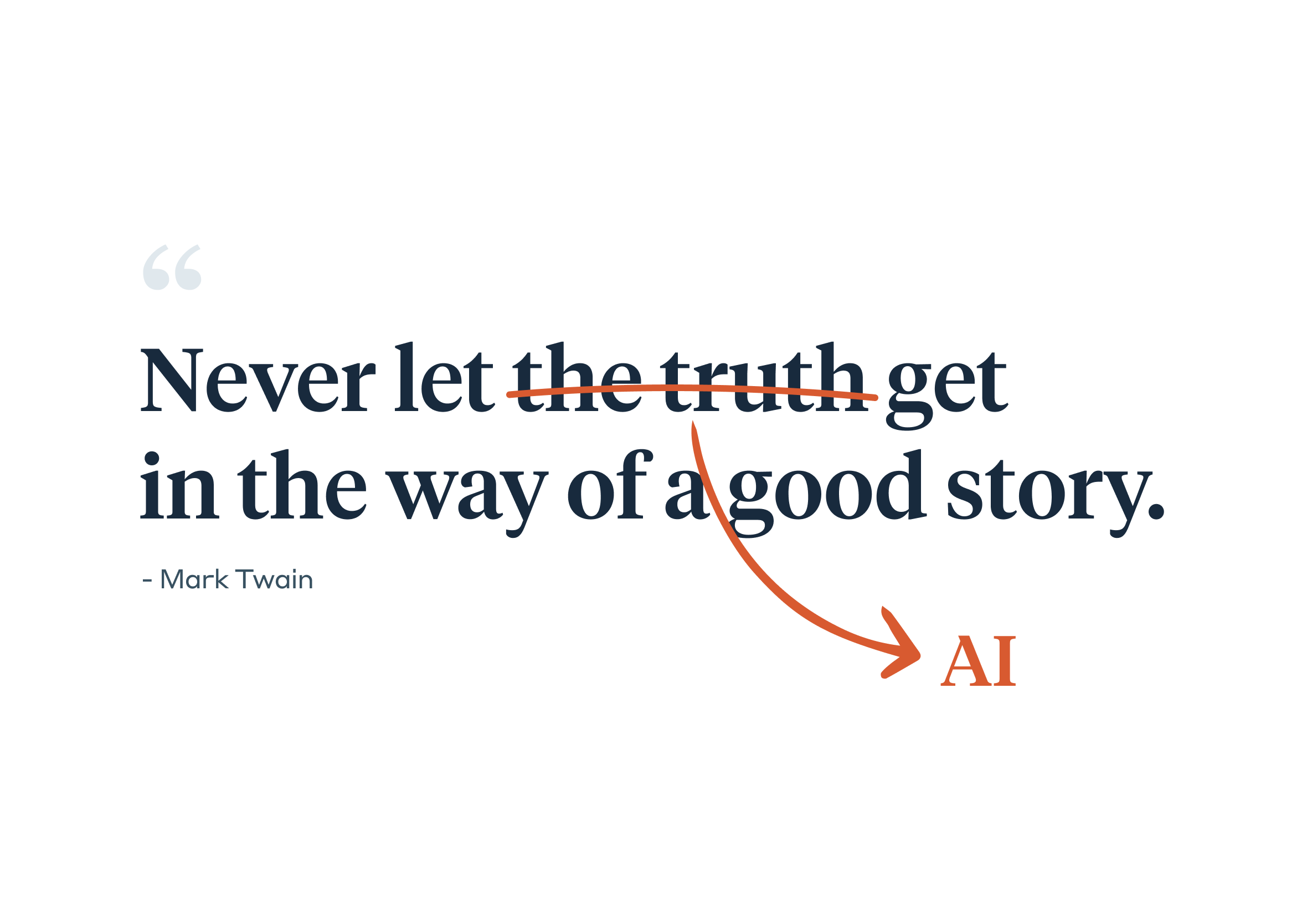 Typography graphic displaying a Mark Twain quote with the word truth struck through in orange ink and replaced with an arrow pointing to AI, emphasizing narrative tone over direct output.