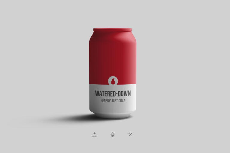 Red soda can with a white label reading 'Watered-Down Generic Diet Cola' set against a grey background, illustrating minimalist product packaging design and AI prompt experimentation.