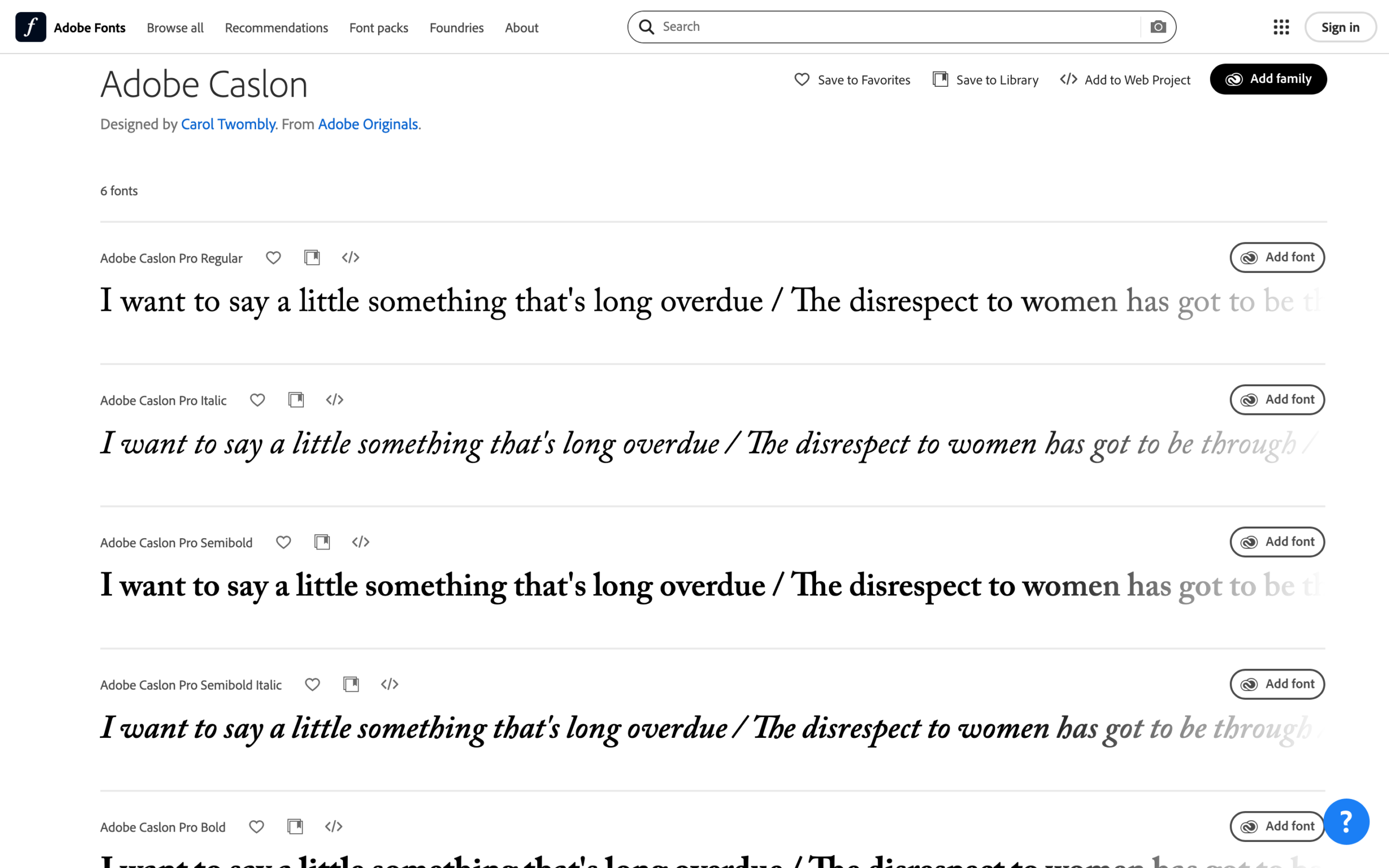 Specimen page on Adobe Fonts showcasing Adobe Garamond Pro serif font styles, including Regular, Italic, Semibold, and Bold.