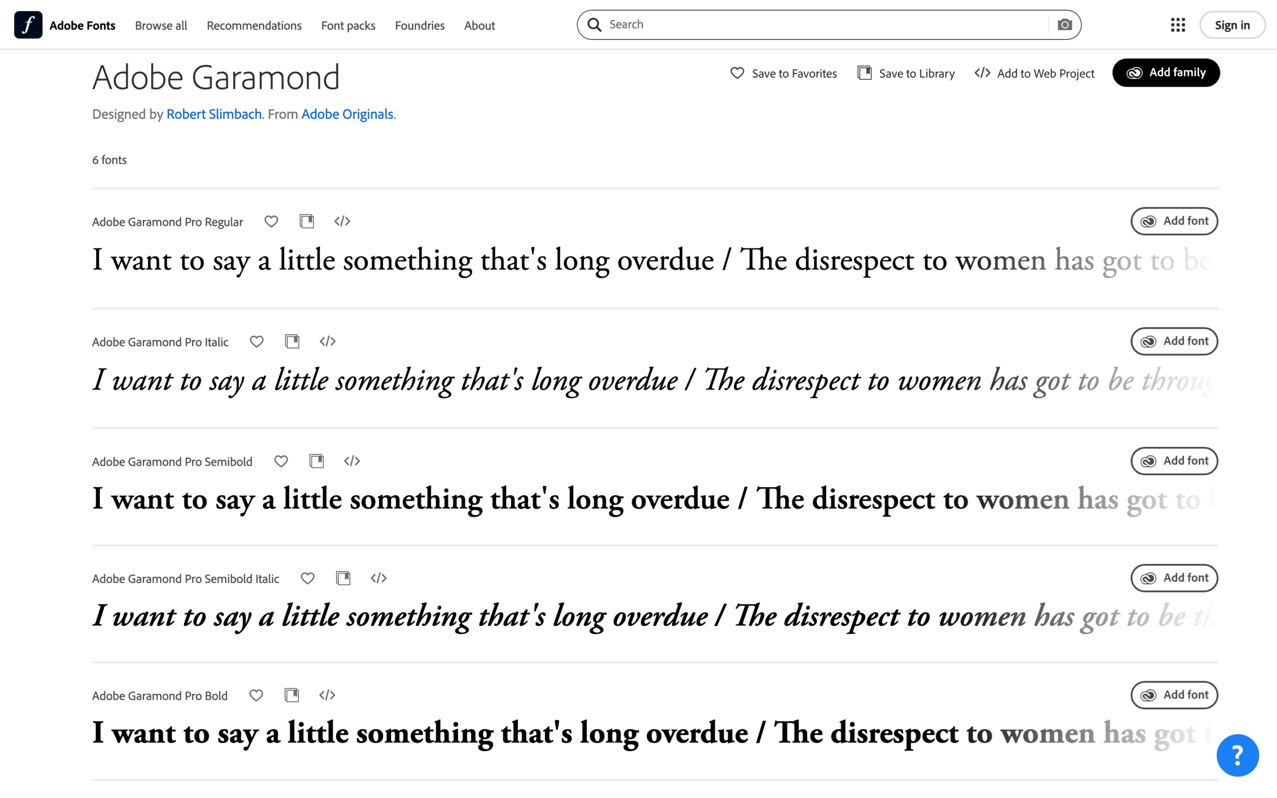 Interface screenshot of Adobe Fonts displaying style previews for the Adobe Caslon Pro serif font family, including Regular, Italic, and Semibold.