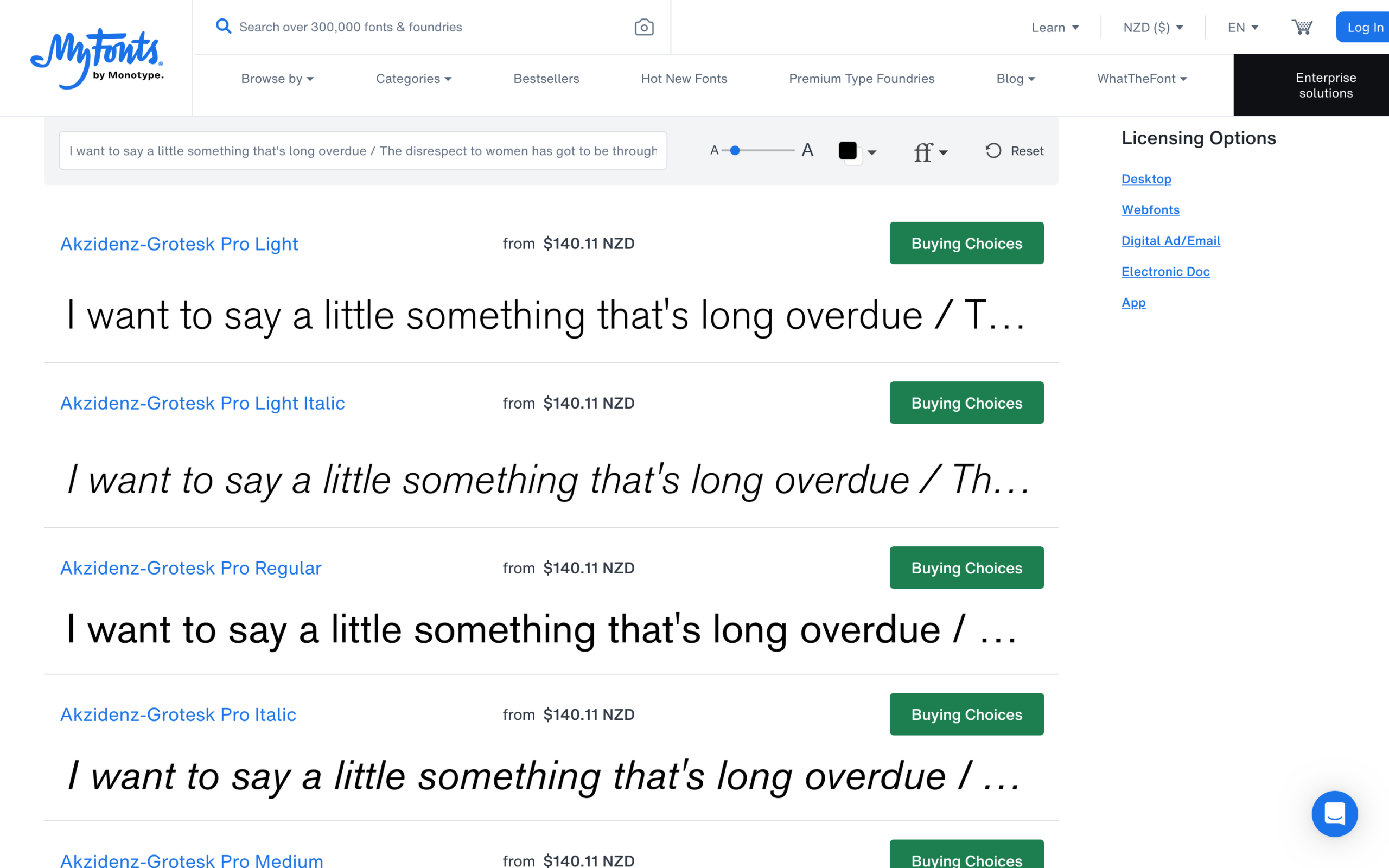 Interface screenshot of MyFonts displaying Akzidenz-Grotesk Pro font weights, including Light, Light Italic, Regular, and Italic.