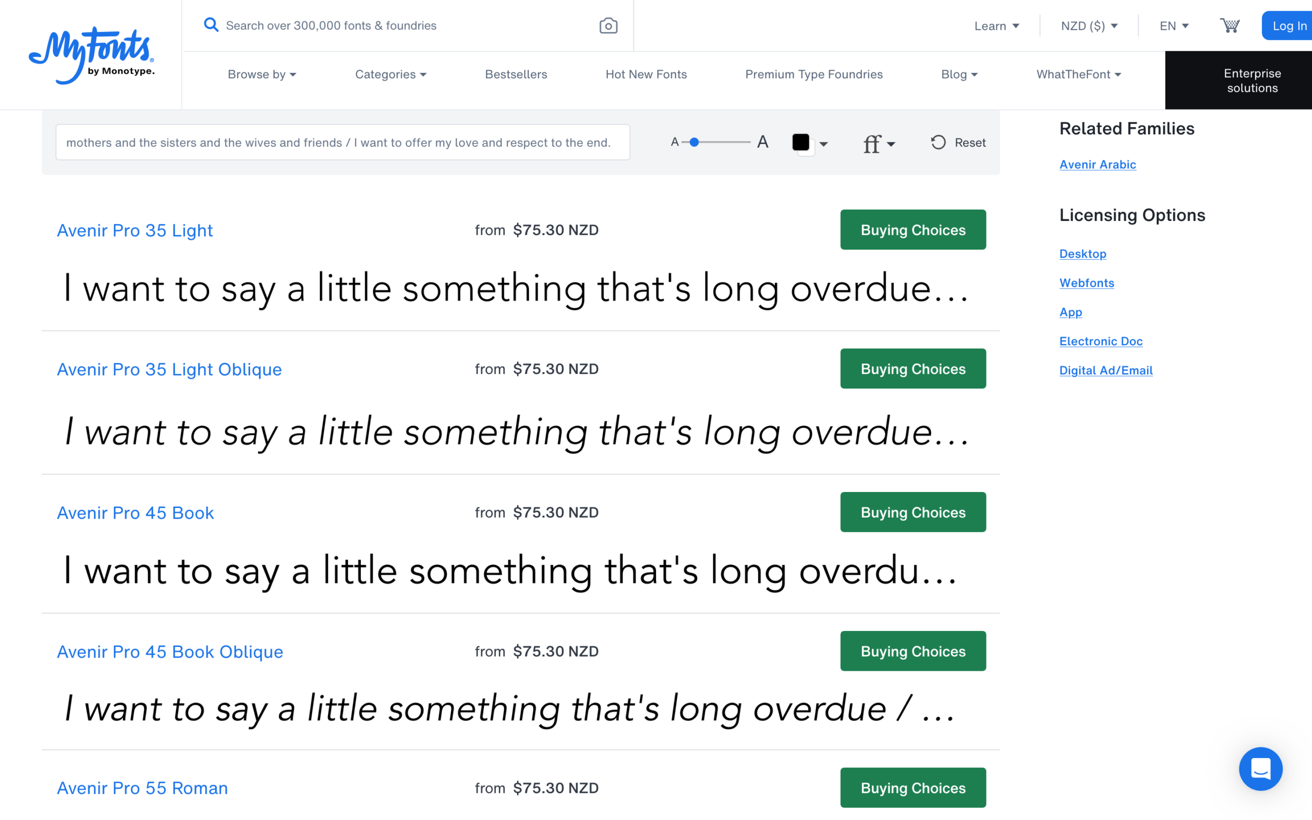 Web page preview on MyFonts presenting Avenir Pro font variations, including 35 Light, 45 Book, and 55 Roman.