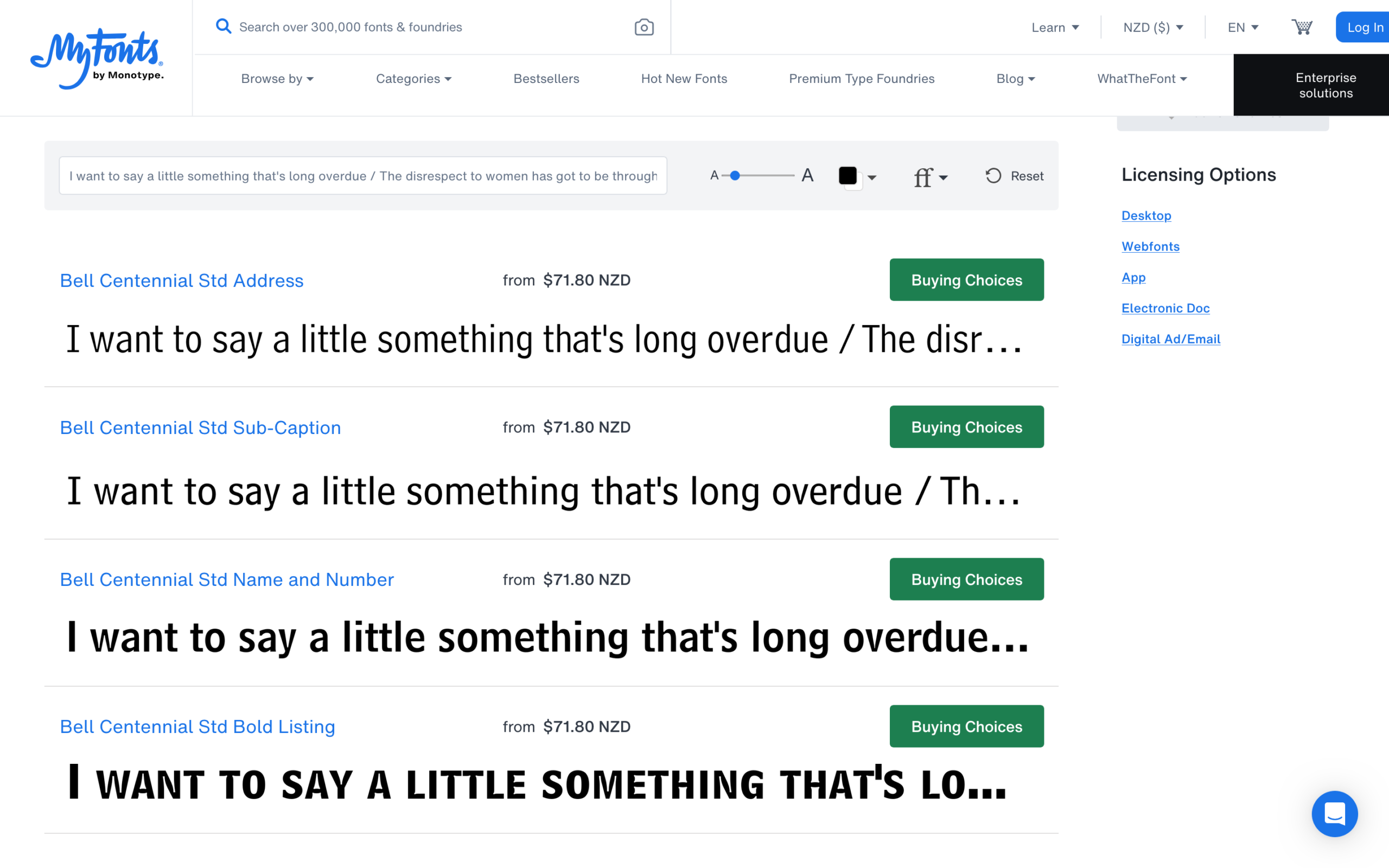MyFonts page featuring Bell Centennial Std typeface styles designed for legibility, including Address, Sub-Caption, Name and Number, and Bold Listing.