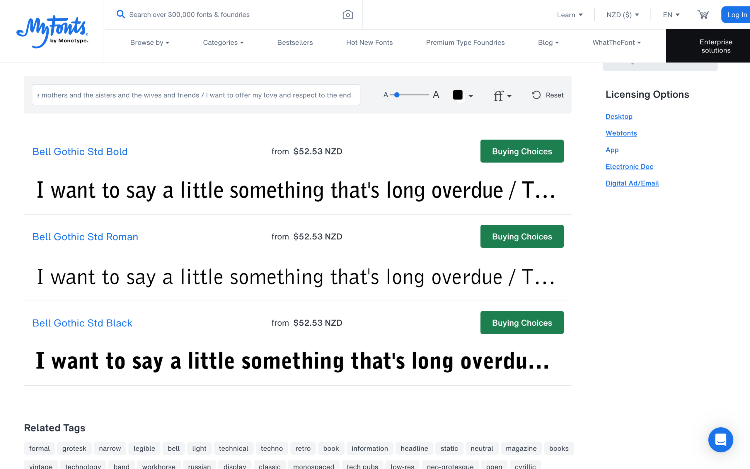 Product listing on MyFonts displaying Bell Gothic Std font styles, including Bold, Roman, and Black weights.