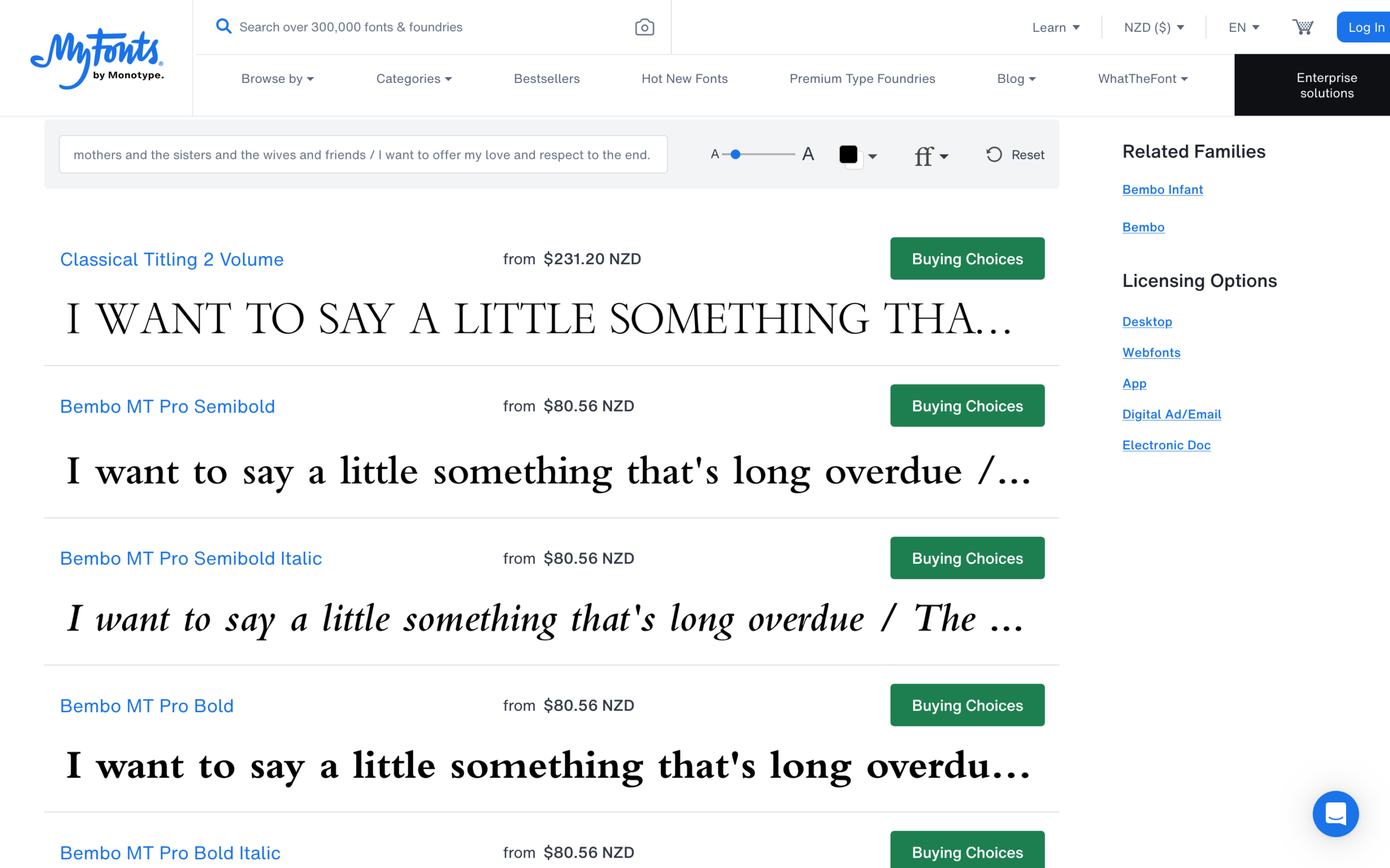 Specimen preview on MyFonts showcasing Bembo MT Pro serif font variations, including Classical Titling 2 Volume, Semibold, and Bold.