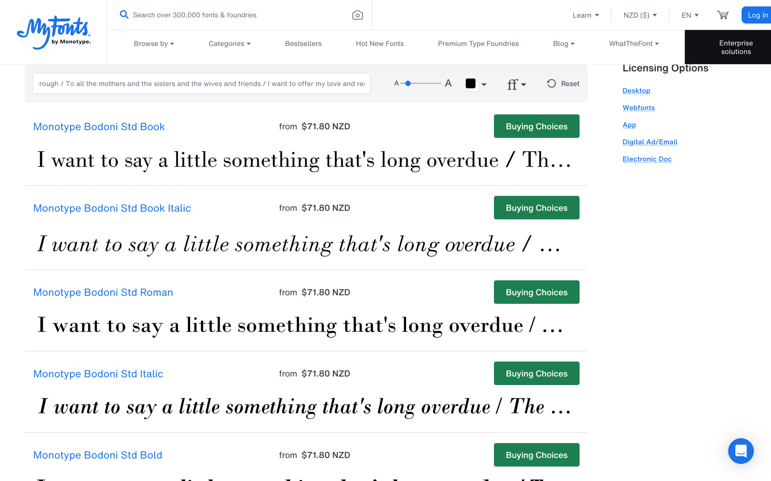 MyFonts listing presenting Monotype Bodoni Std serif font weights, including Book, Book Italic, Roman, and Bold with pricing in NZD.