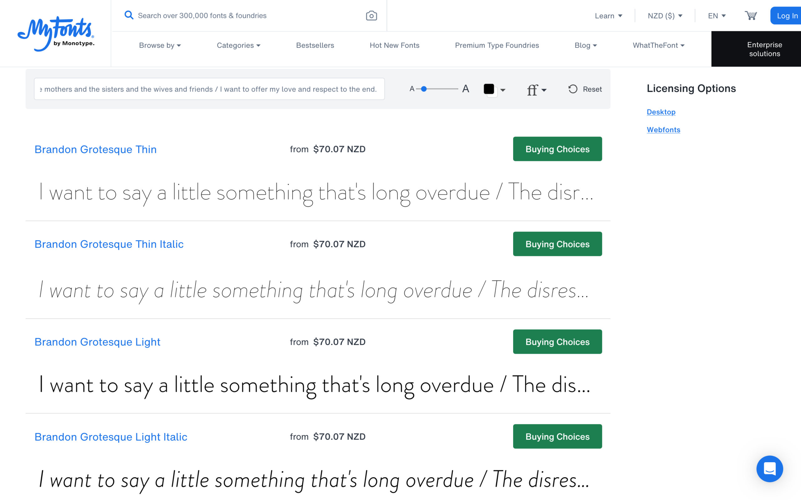 Interface screenshot of MyFonts displaying Brandon Grotesque sans-serif font weights, including Thin, Thin Italic, and Light.