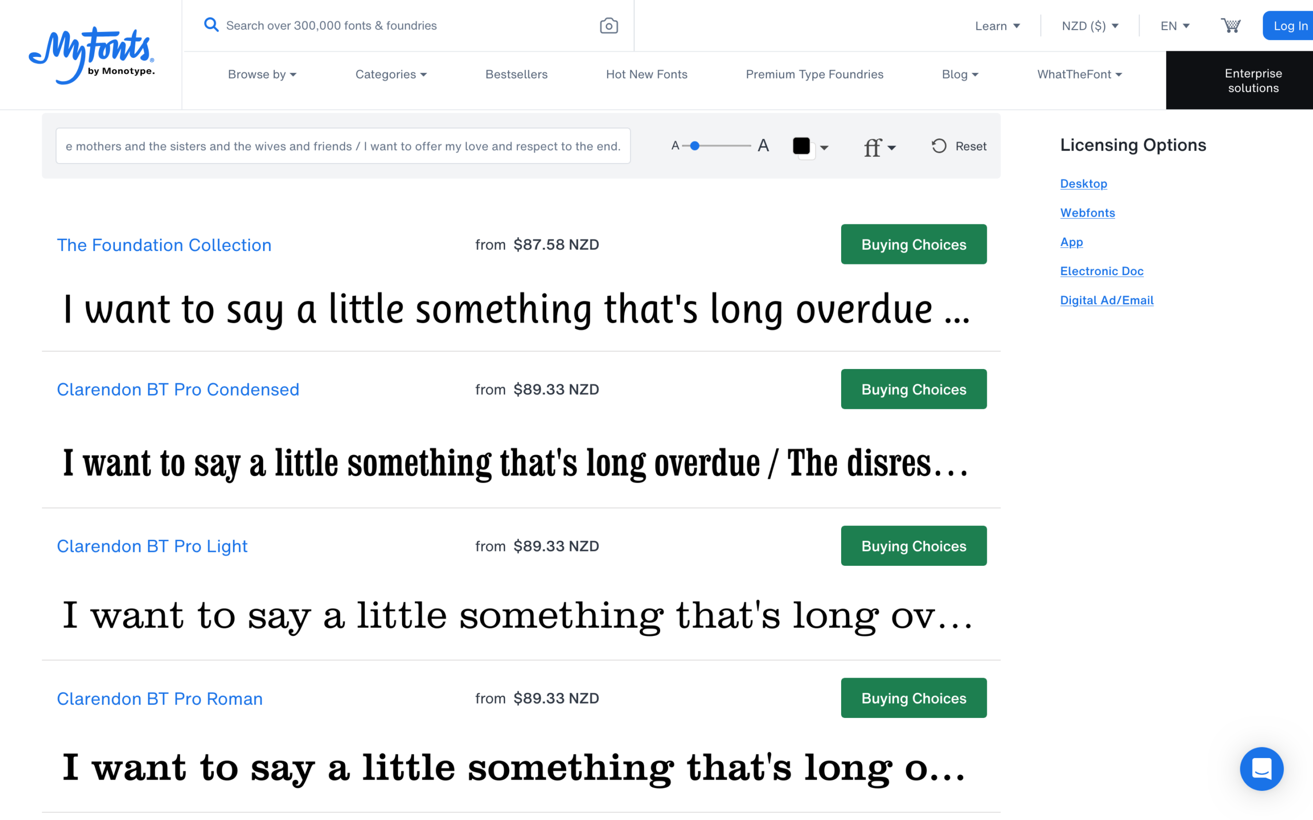 Web page preview on MyFonts displaying Clarendon BT Pro slab serif font styles including Condensed, Light, and Roman with NZD pricing options.