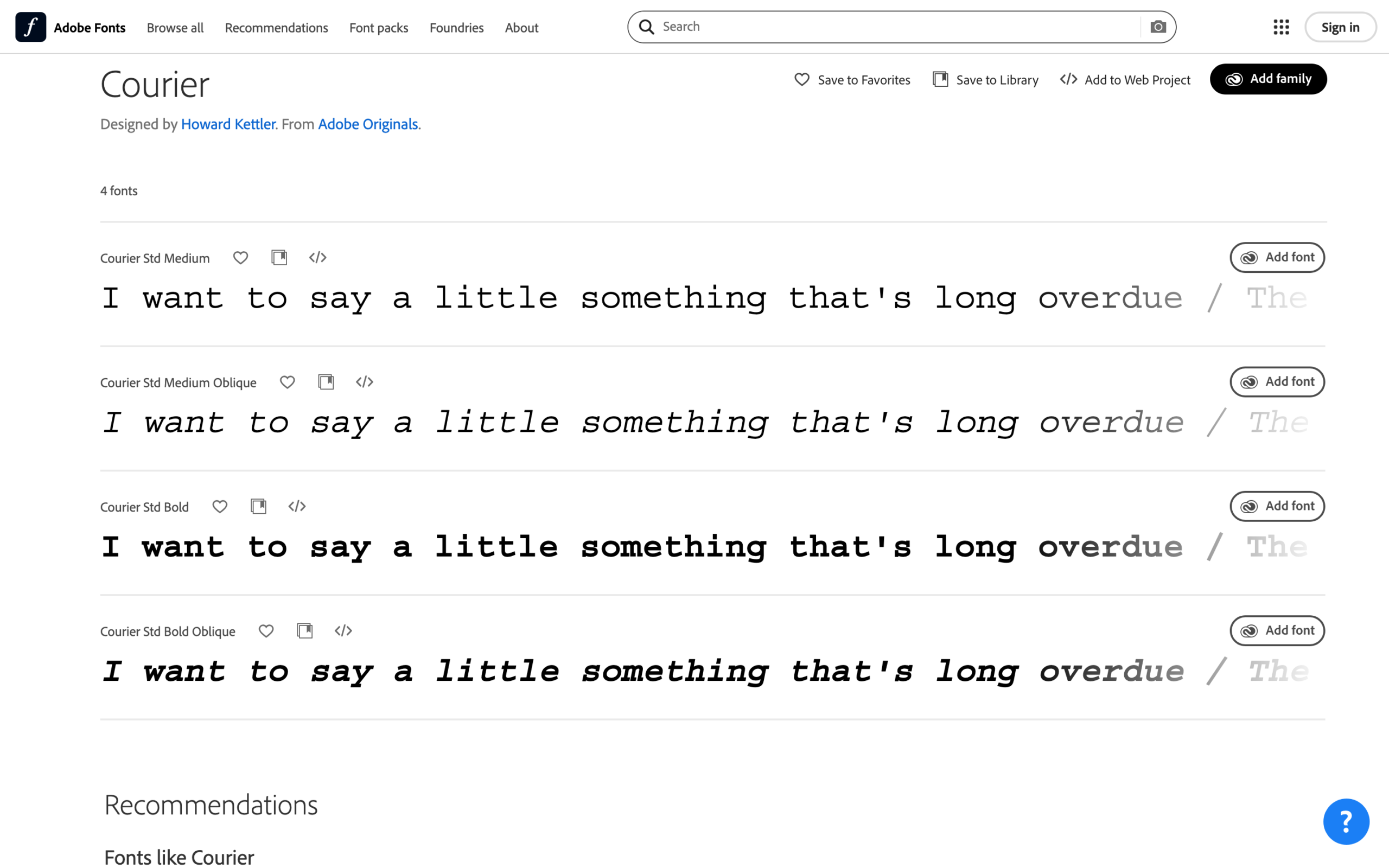 Interface screenshot of Adobe Fonts displaying style previews for the Courier monospaced font family, including Medium and Bold Oblique.