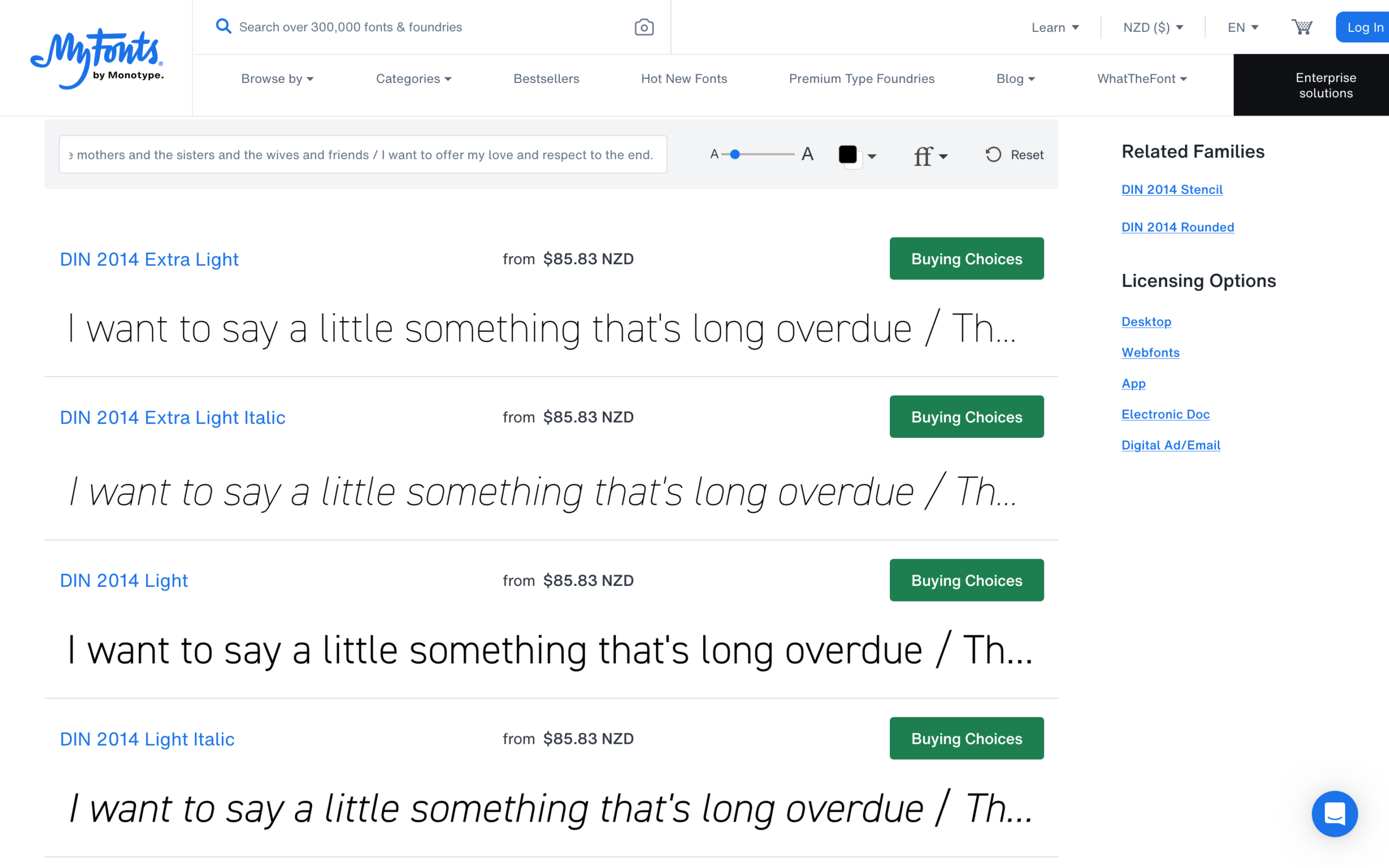 Web preview on MyFonts showing DIN 2014 font variations, including Extra Light and Light weights with italic options.
