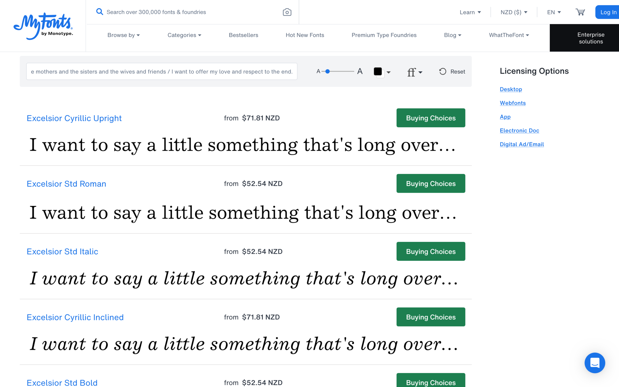 Monotype product page on MyFonts showcasing Excelsior Std serif typeface variations including Roman, Italic, and Cyrillic options.