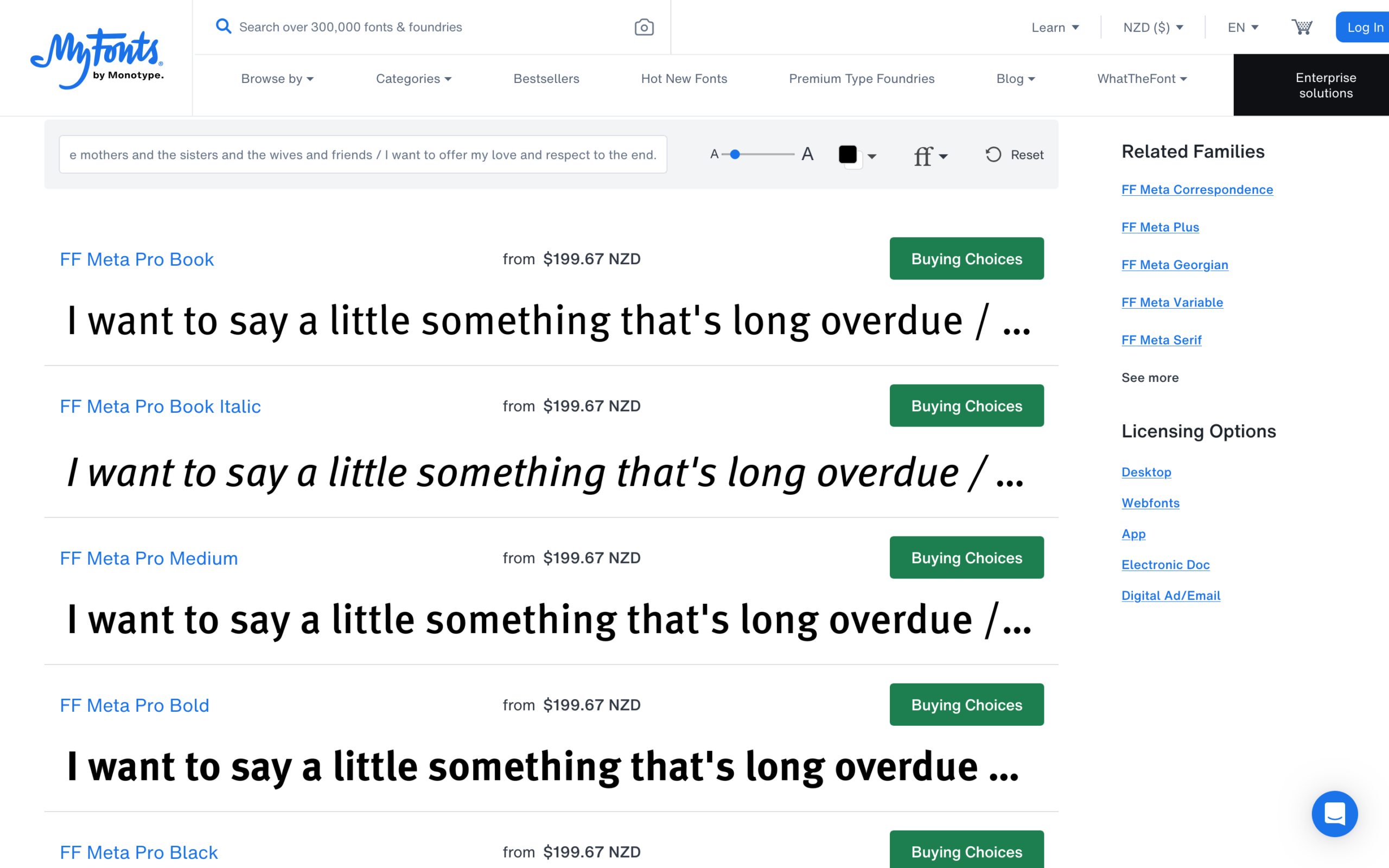 Product page on MyFonts featuring FF Meta Pro font family styles, including Book, Book Italic, Medium, and Bold.