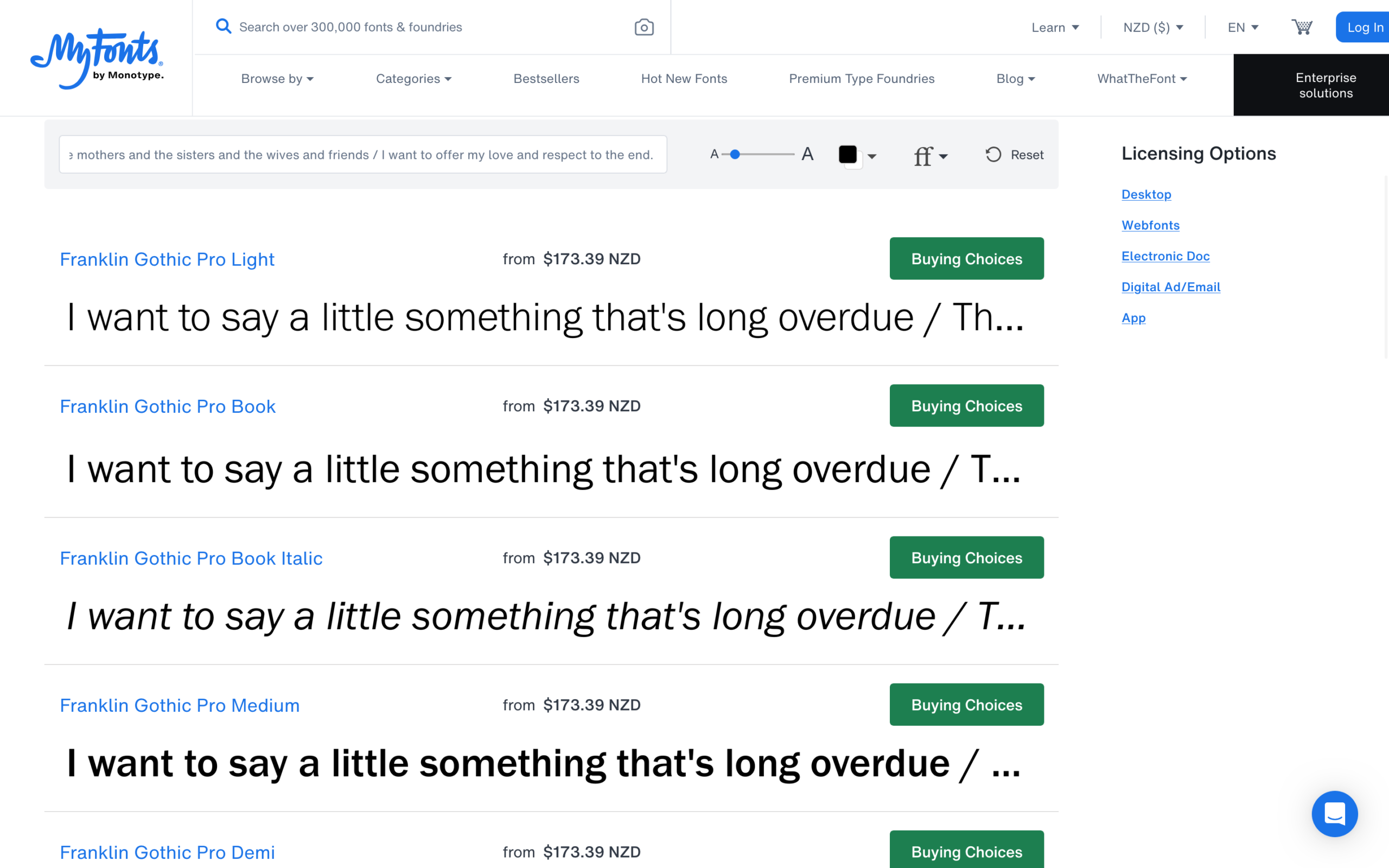 Monotype product page on MyFonts displaying Franklin Gothic Pro sans-serif font styles, including Light, Book, and Medium.