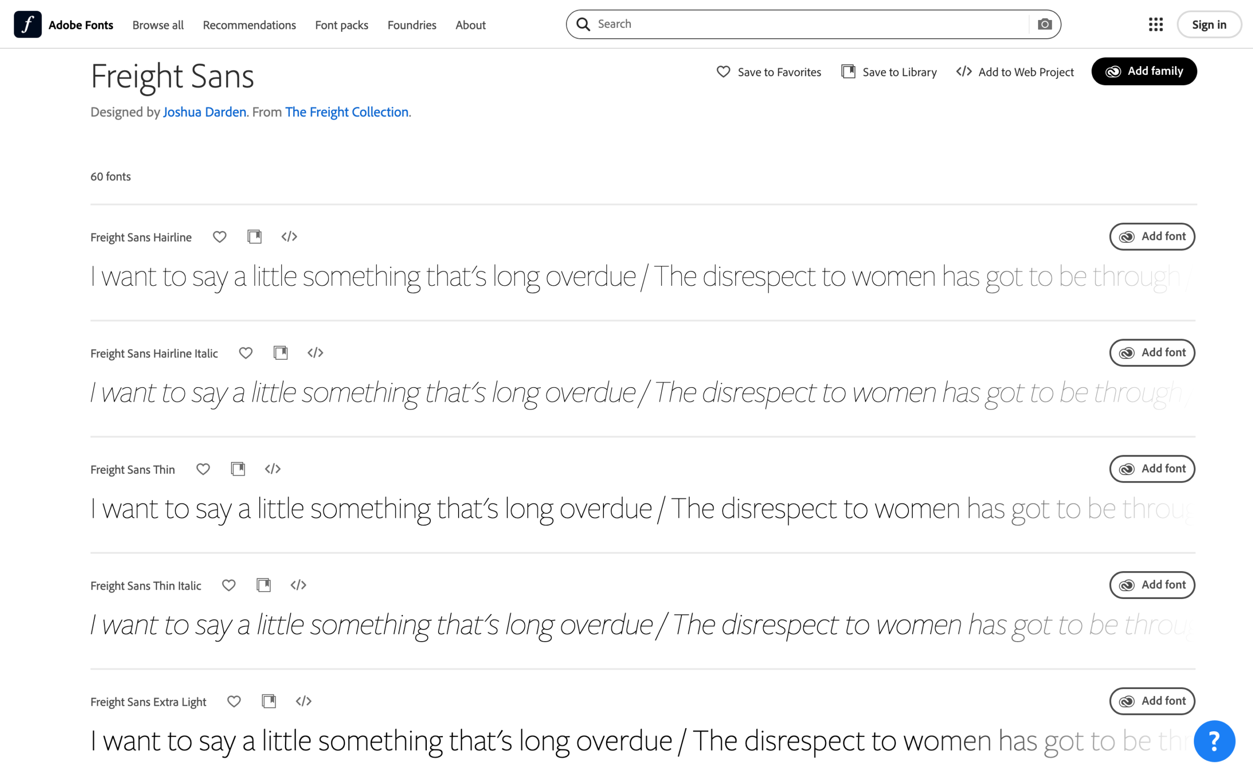 Adobe Fonts specimen page showcasing Freight Sans font styles, including Hairline, Thin, and Extra Light.