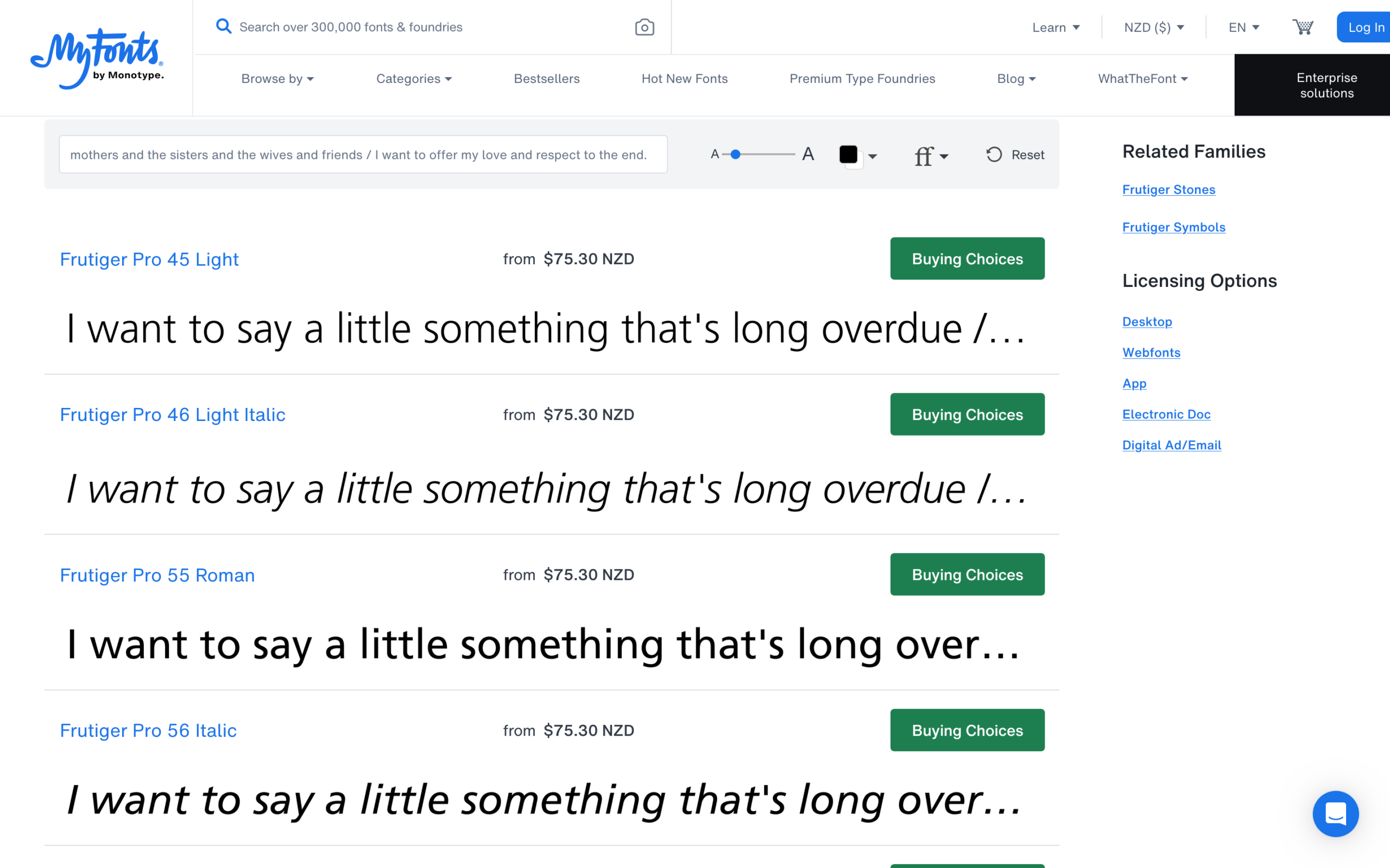 Interface screenshot of MyFonts presenting Frutiger Pro sans-serif font weights, including 45 Light and 55 Roman with pricing in NZD.