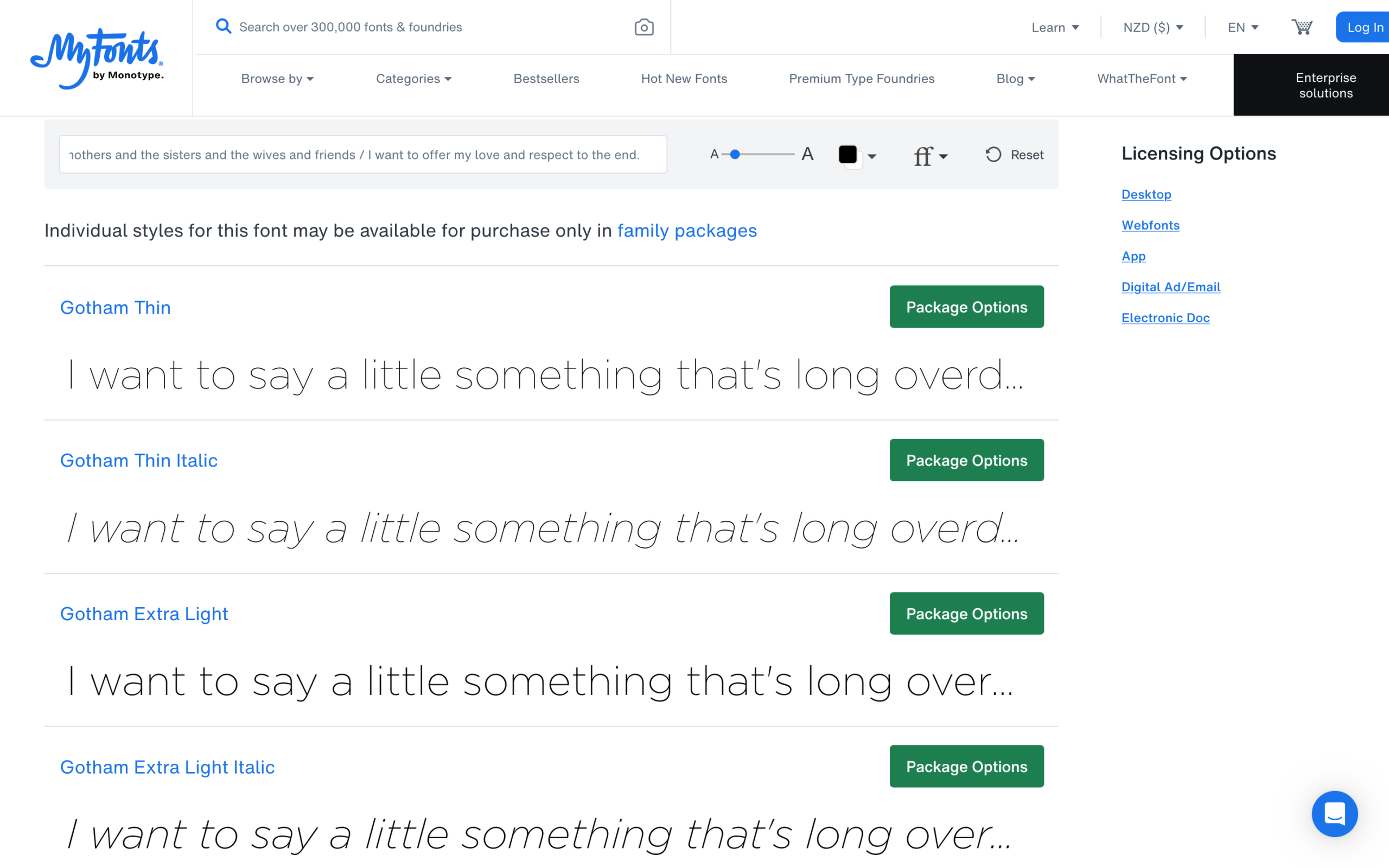 Product page on MyFonts showcasing Gotham font family styles including Thin, Thin Italic, and Extra Light.