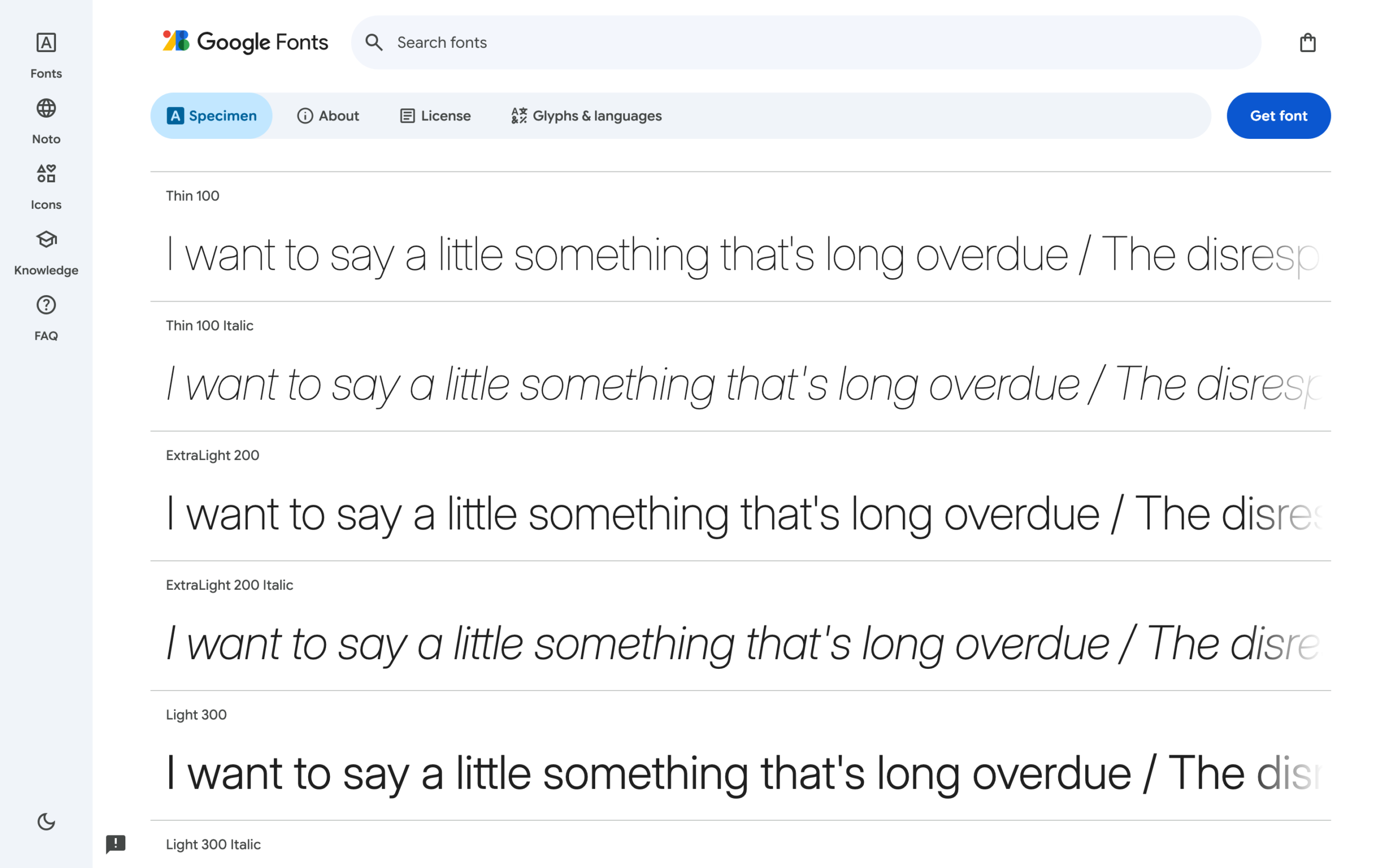 Interface screenshot of Google Fonts displaying style previews for the Inter font family, ranging from Thin 100 to Light 300.