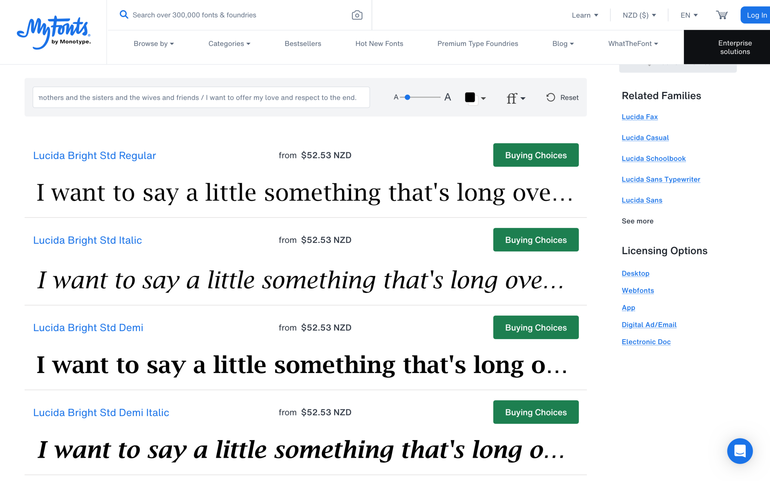 Monotype product layout on MyFonts featuring Lucida Bright Std serif font options ranging from Regular to Demi Italic