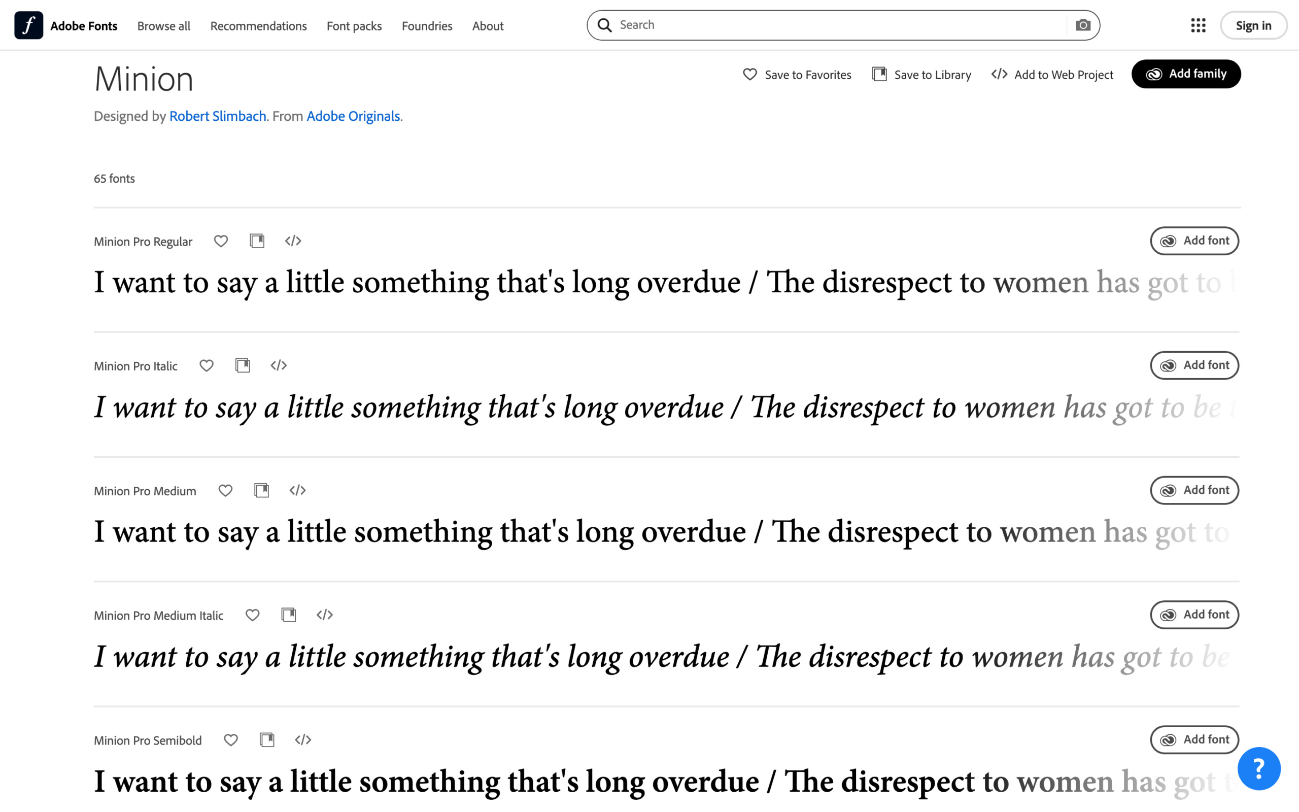 Interface screenshot of Adobe Fonts showing style previews for the Minion Pro serif typeface family, including Regular, Italic, Medium, and Semibold.