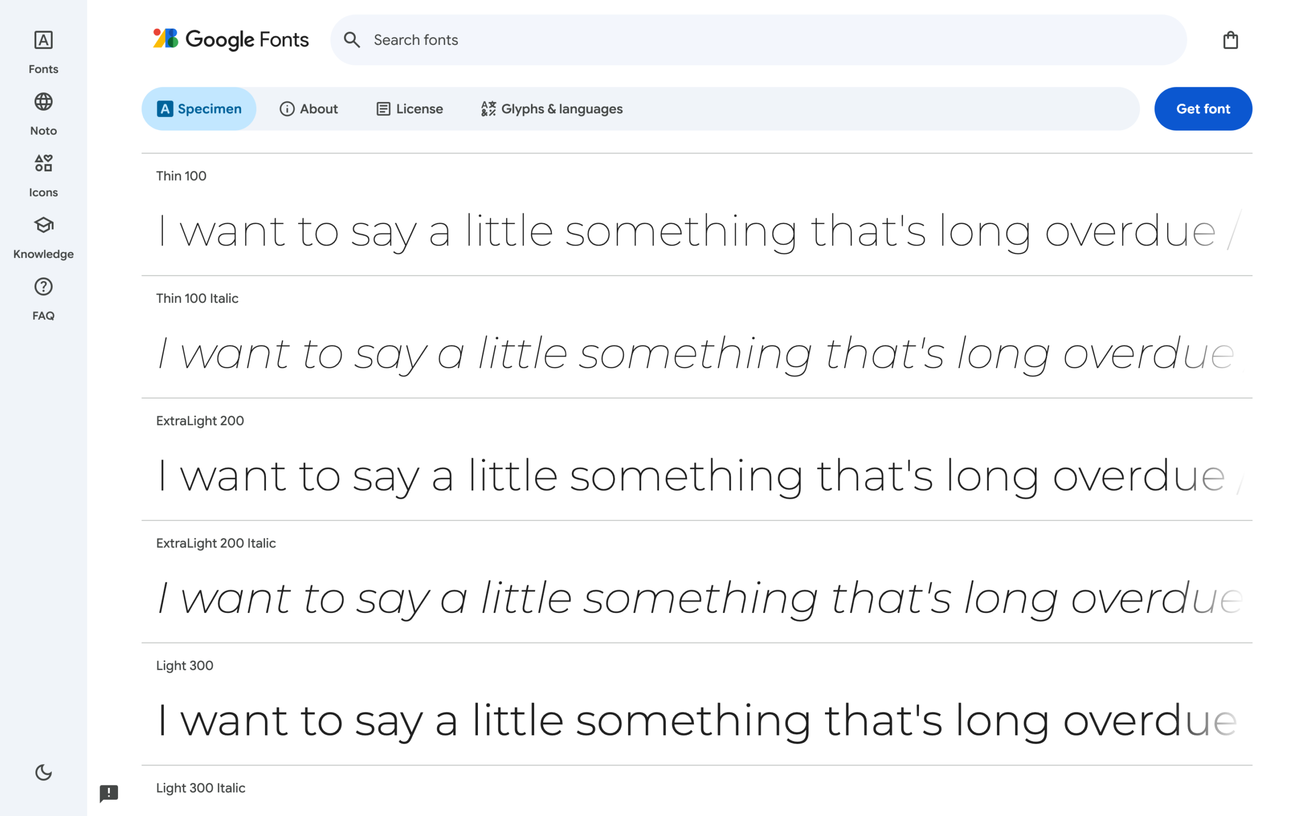 Google Fonts page preview showcasing Montserrat sans-serif font weights ranging from Thin 100 to Light 300.