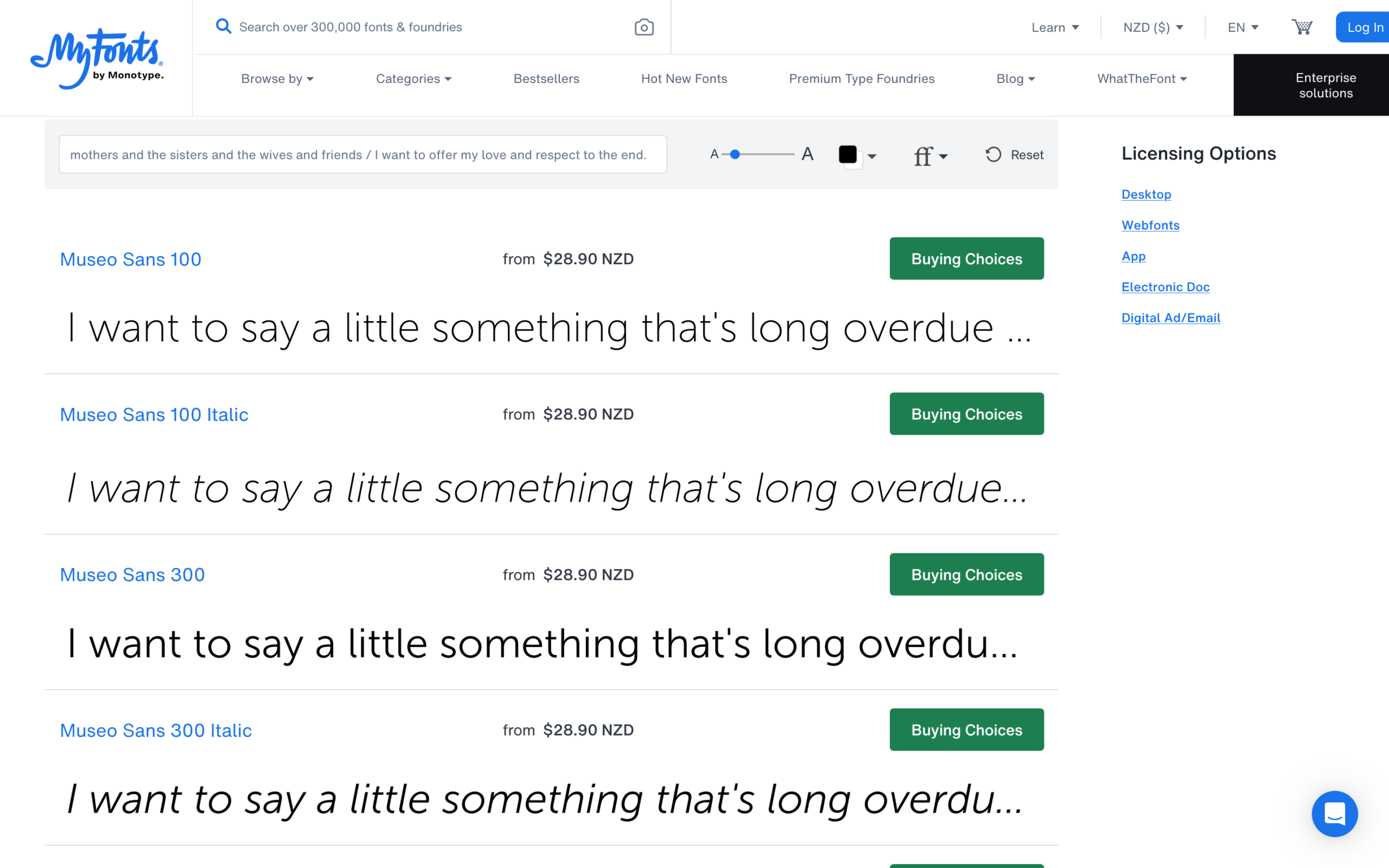 Web page layout on MyFonts presenting Museo Sans font weights and styles including 100 and 300 with NZD prices.