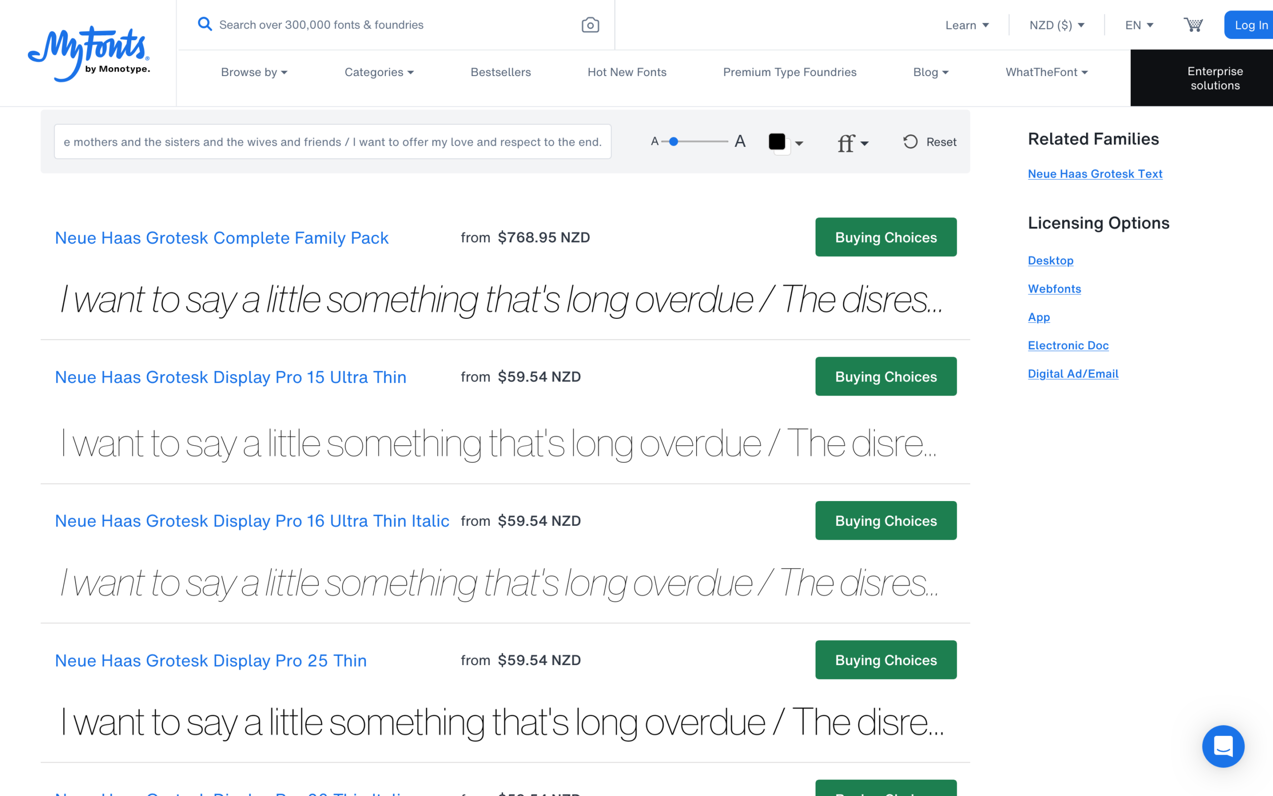 Product listing on MyFonts showing Neue Haas Grotesk Display Pro weights including Ultra Thin and Thin variations.