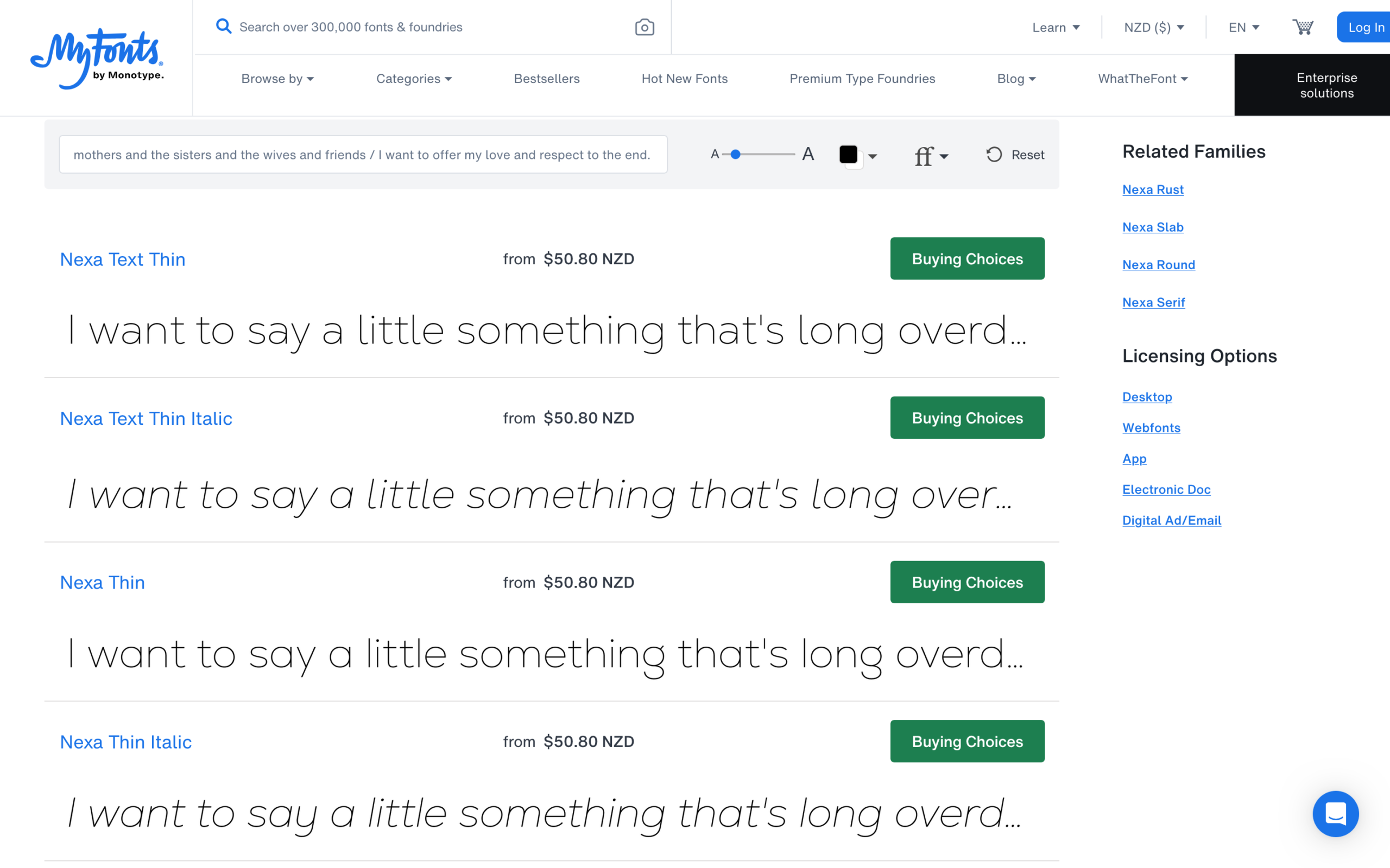 MyFonts product preview showcasing Nexa sans-serif font variations including Nexa Text Thin and Nexa Thin with italic options.