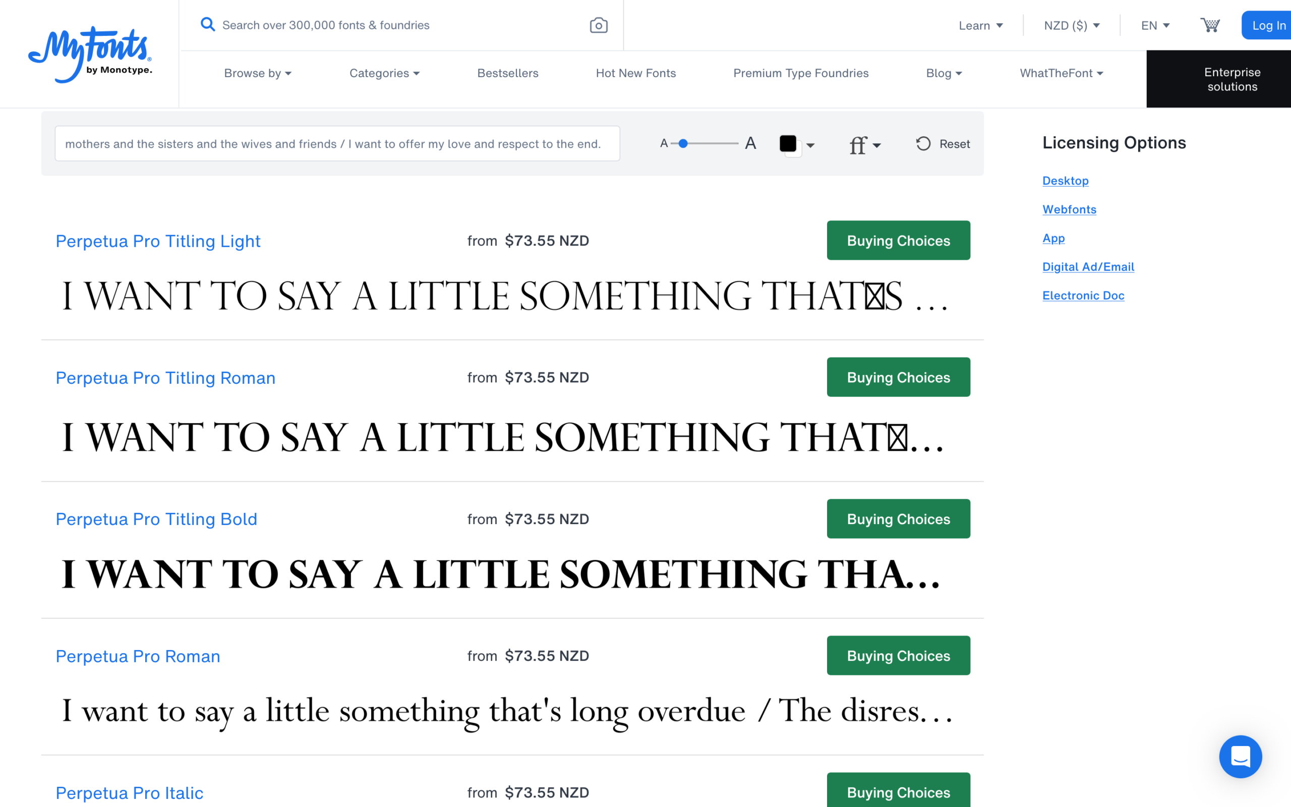 Web listing on MyFonts showing Perpetua Pro serif typeface options, including Titling Light, Titling Roman, and standard Roman weights with NZD pricing.