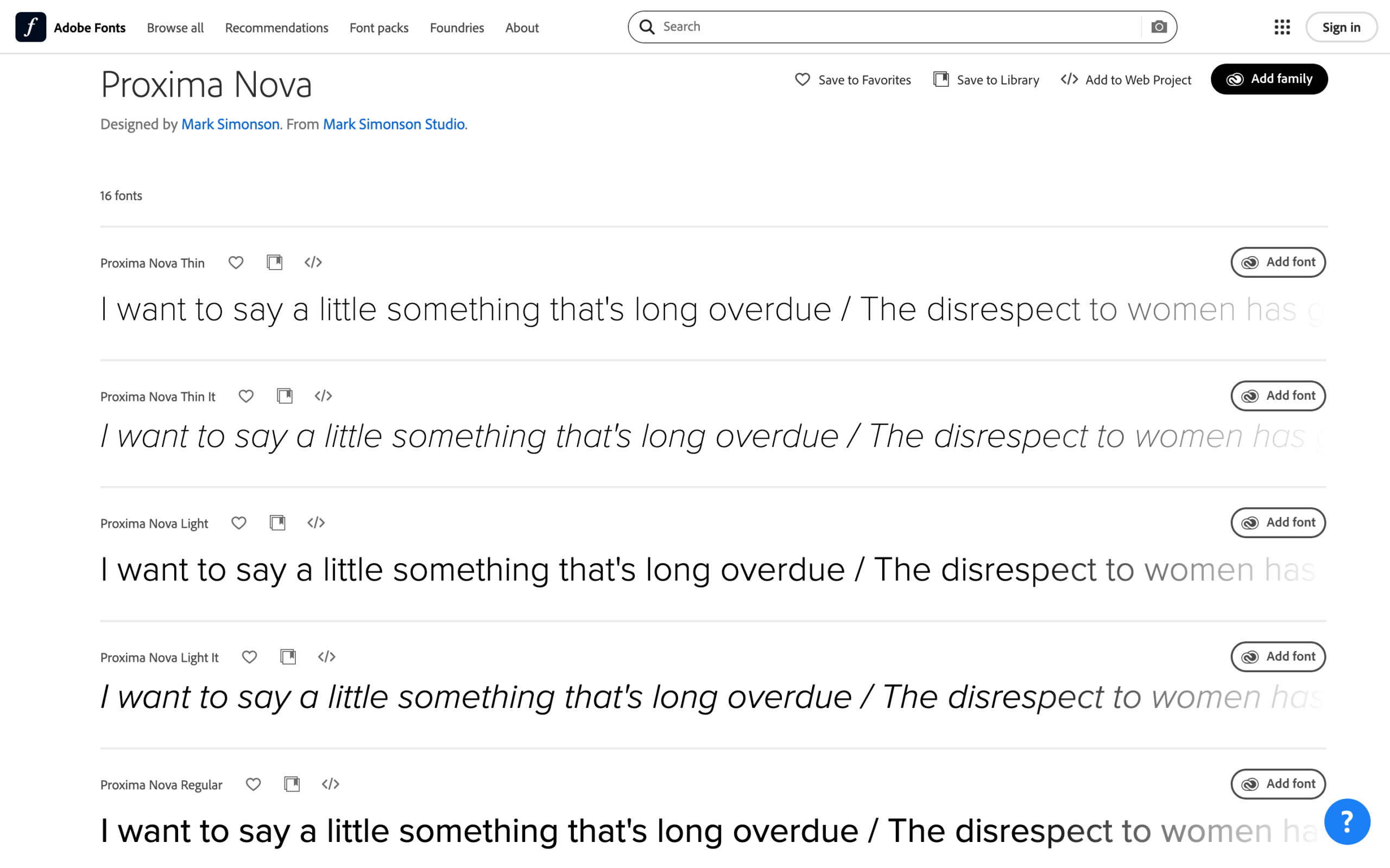 Interface screenshot of Adobe Fonts displaying style previews for the Proxima Nova sans-serif font family, including Thin, Light, and Regular weights.