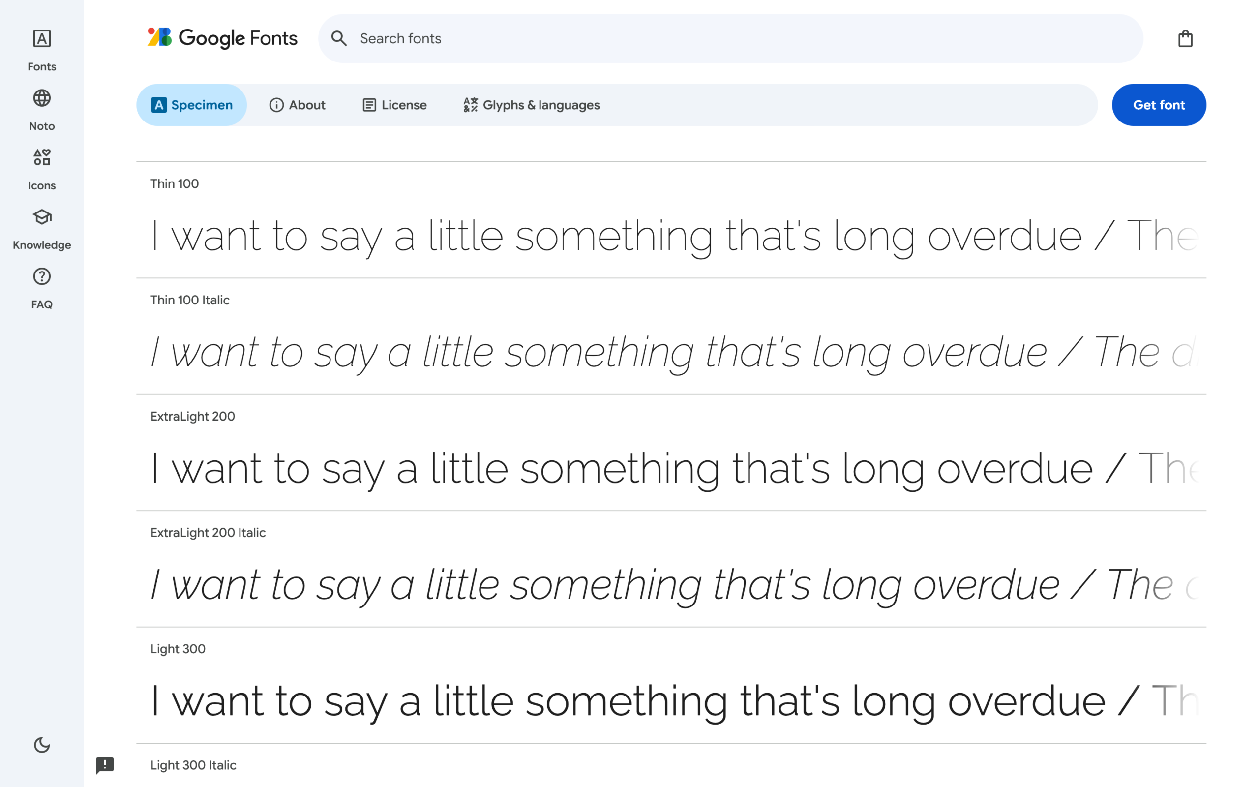 pecimen page on Google Fonts displaying style previews for the Raleway typeface, ranging from Thin 100 to Light 300.