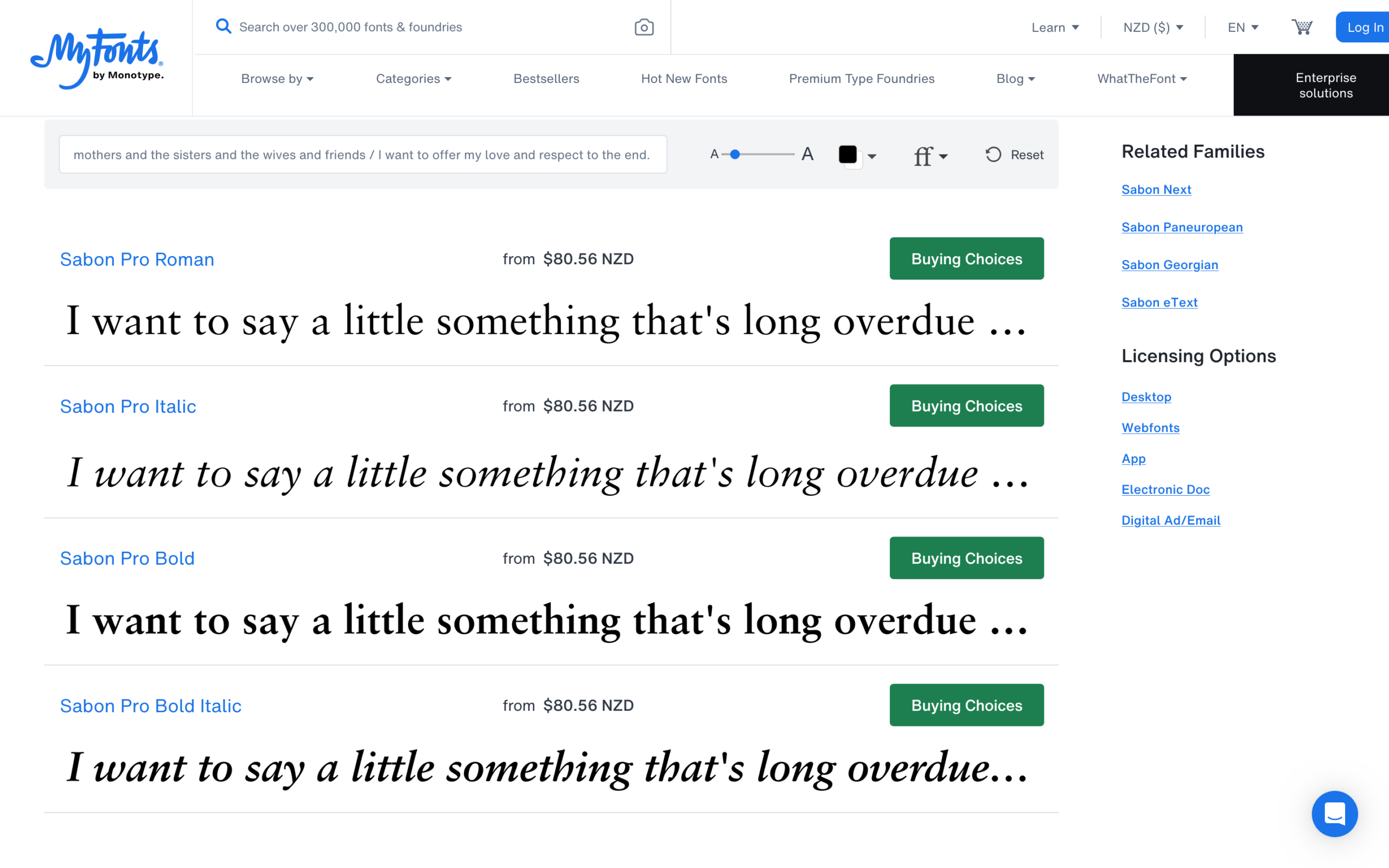 Monotype font page on MyFonts showcasing Sabon Pro serif typeface variations including Roman, Italic, Bold, and Bold Italic.