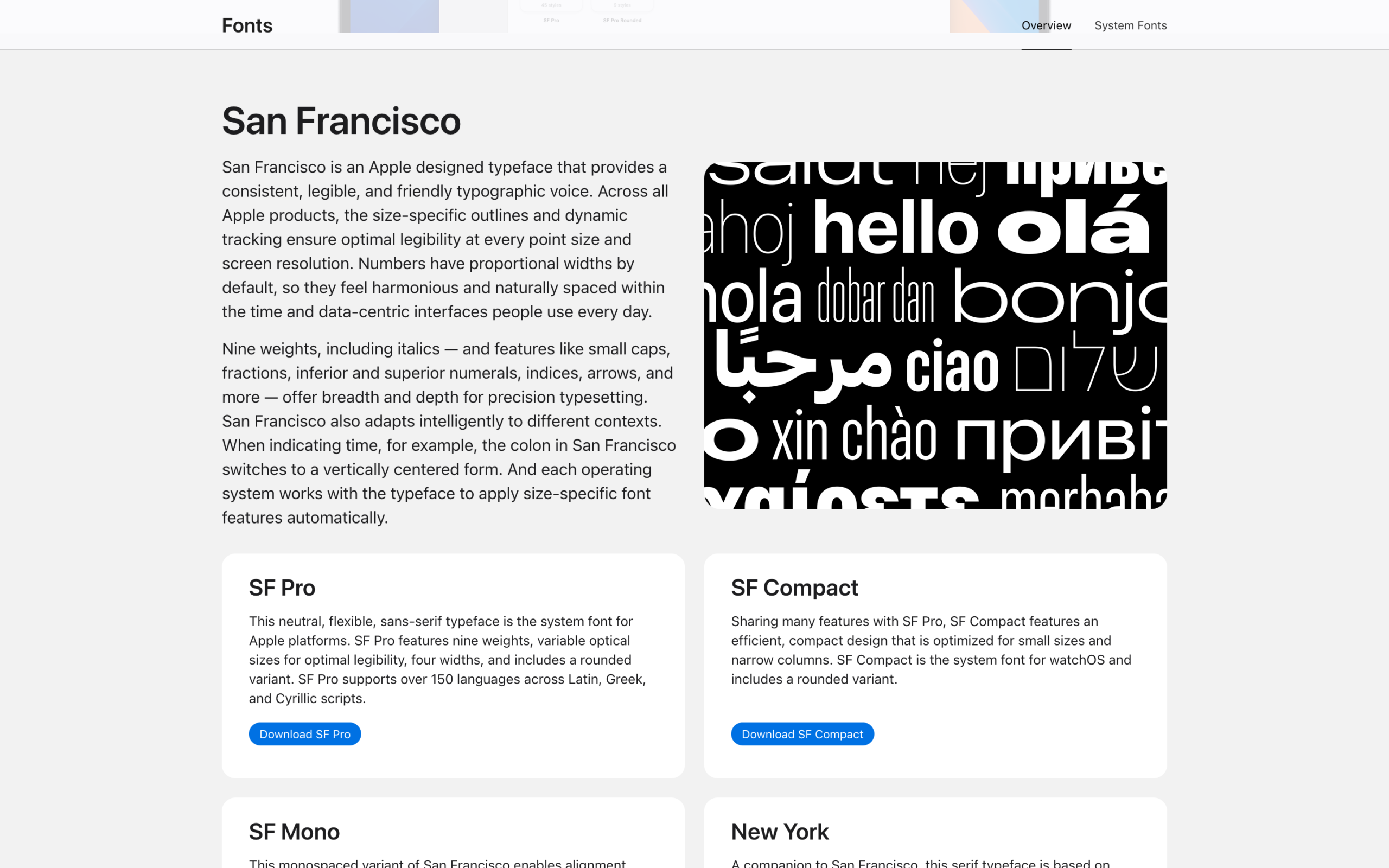 Apple Developer site preview introducing the San Francisco typeface family and its subfamilies SF Pro, SF Compact, SF Mono, and New York.