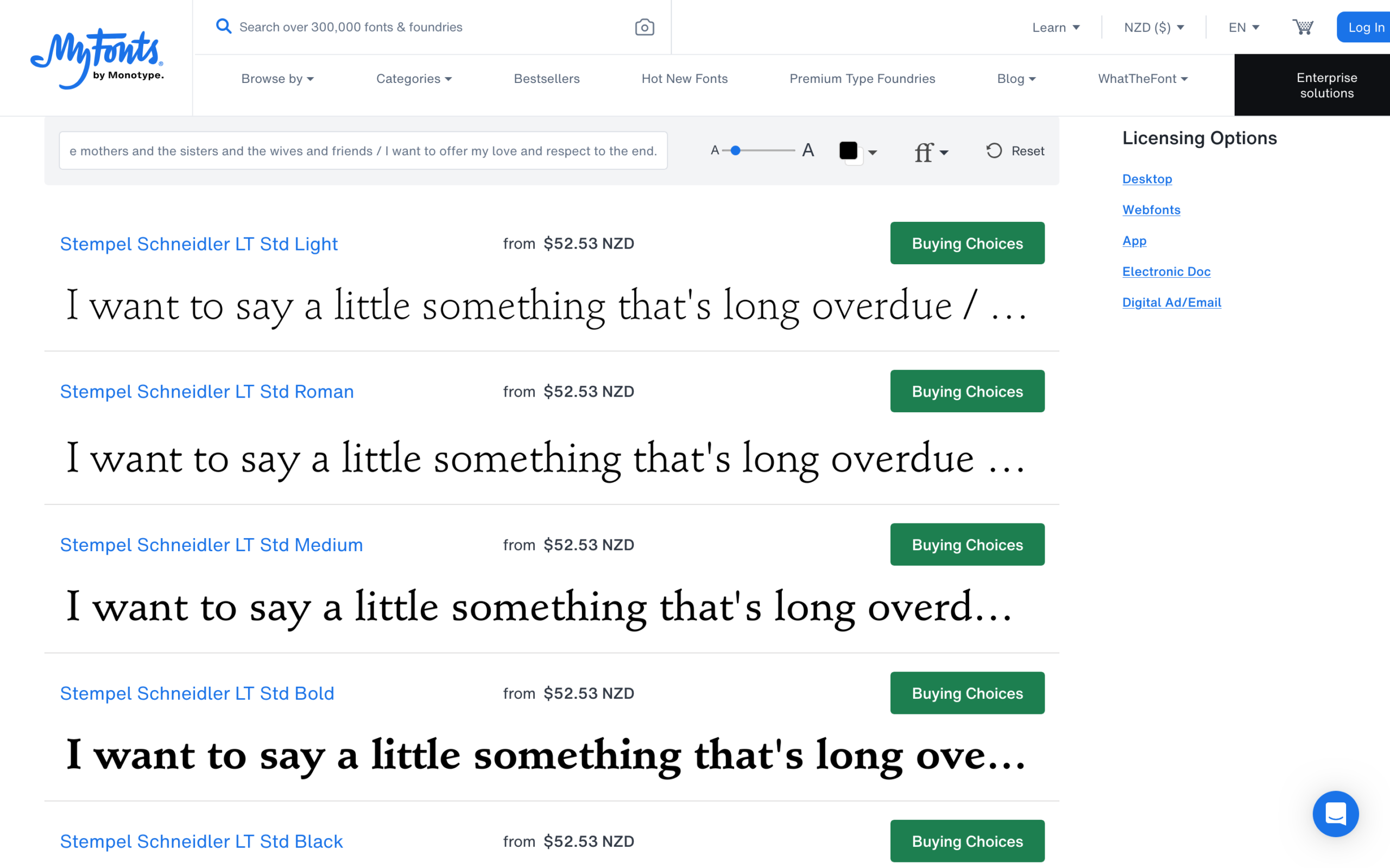 Product layout on MyFonts featuring Stempel Schneidler LT Std serif font styles from Light to Black with buying options.