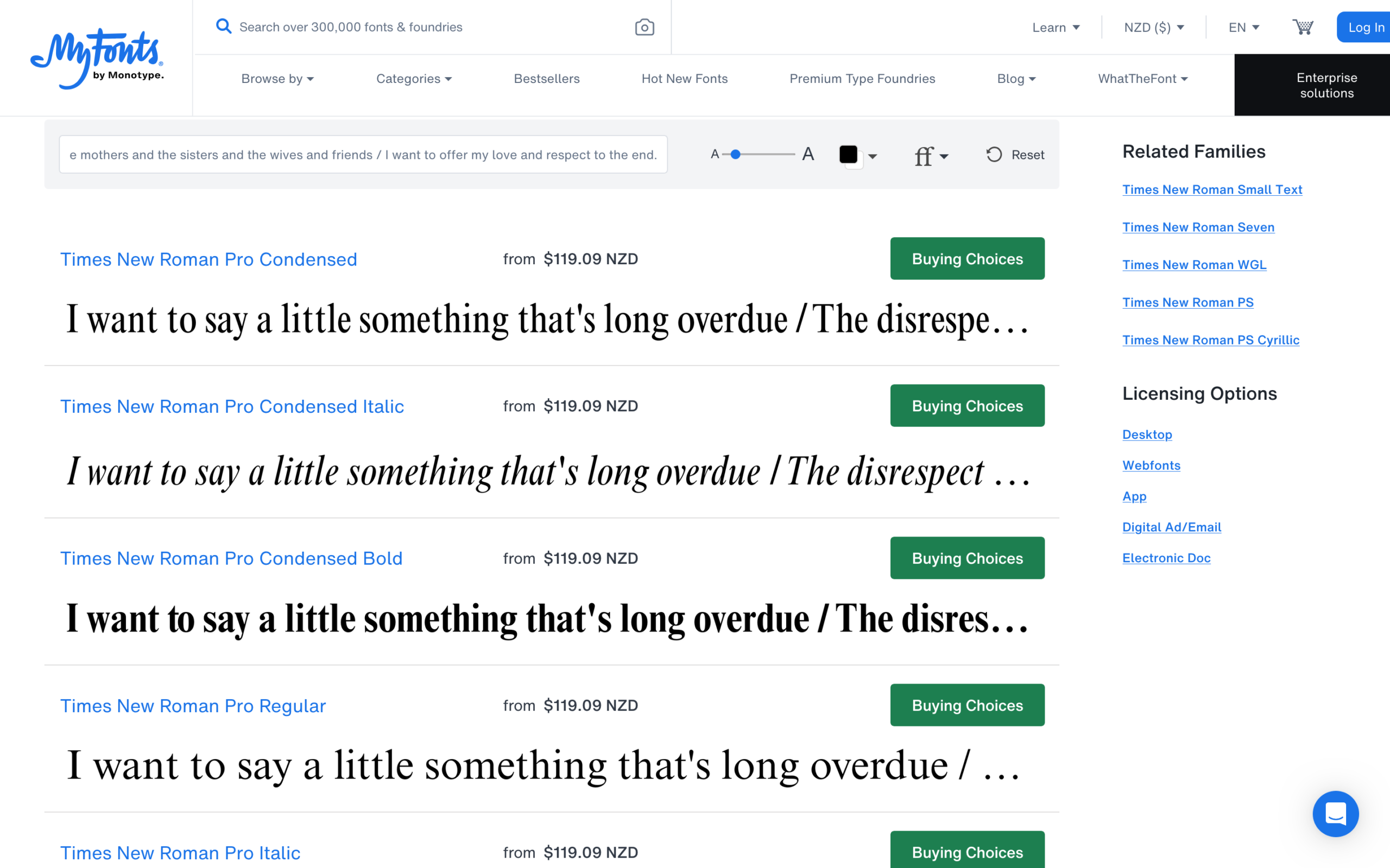 Interface screenshot of MyFonts featuring Times New Roman Pro serif font styles, including Condensed, Italic, and Regular weights.