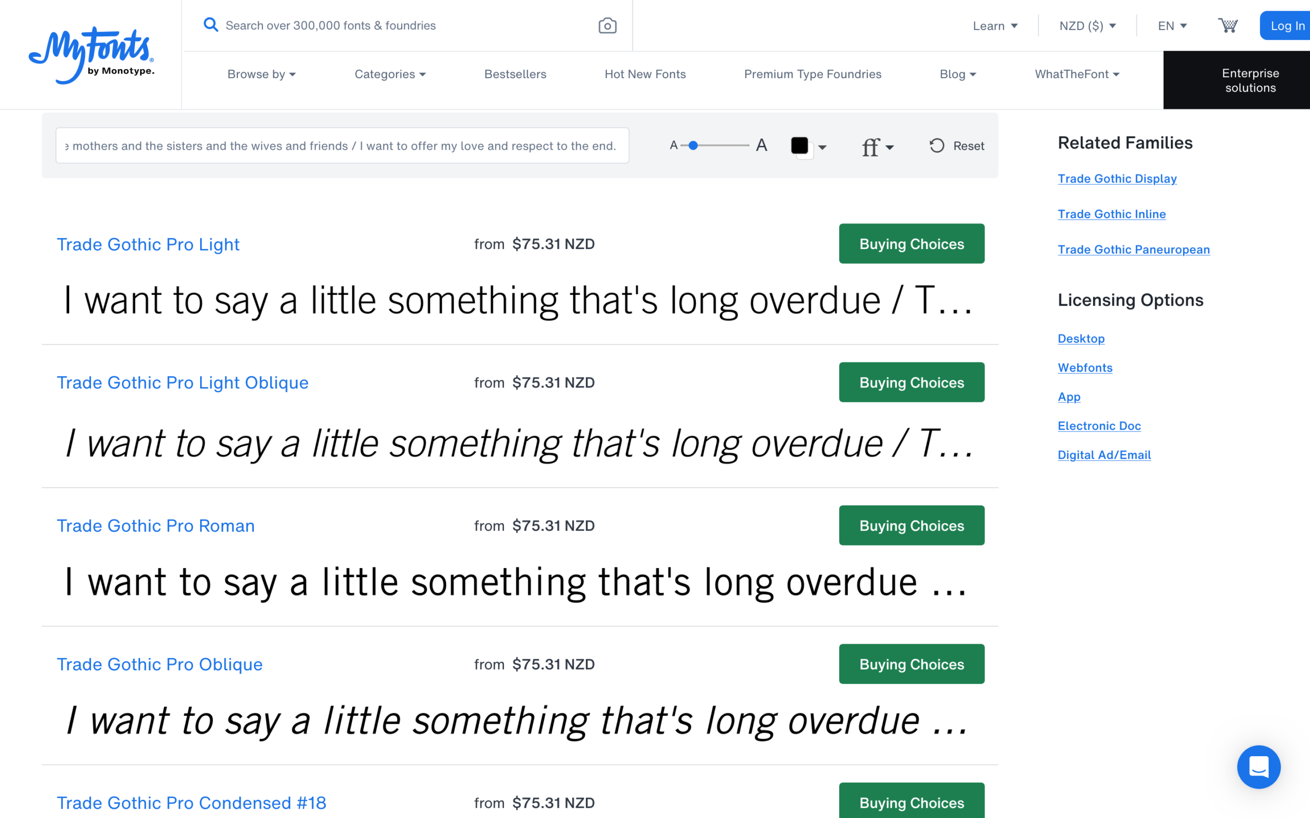 Web preview on MyFonts presenting Trade Gothic Pro sans-serif font weights ranging from Light to Roman and Oblique.