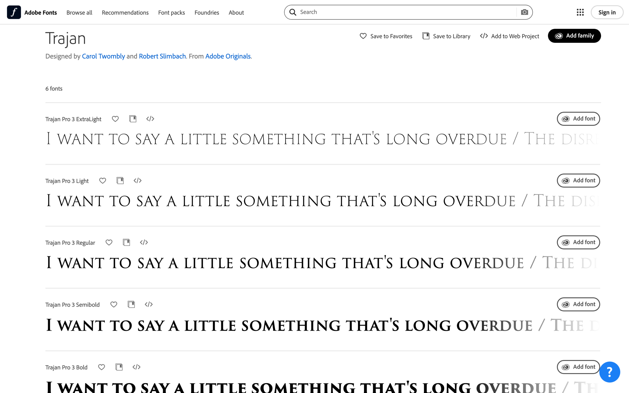Adobe Fonts specimen page showing all-caps Trajan Pro 3 typeface styles ranging from ExtraLight to Bold.