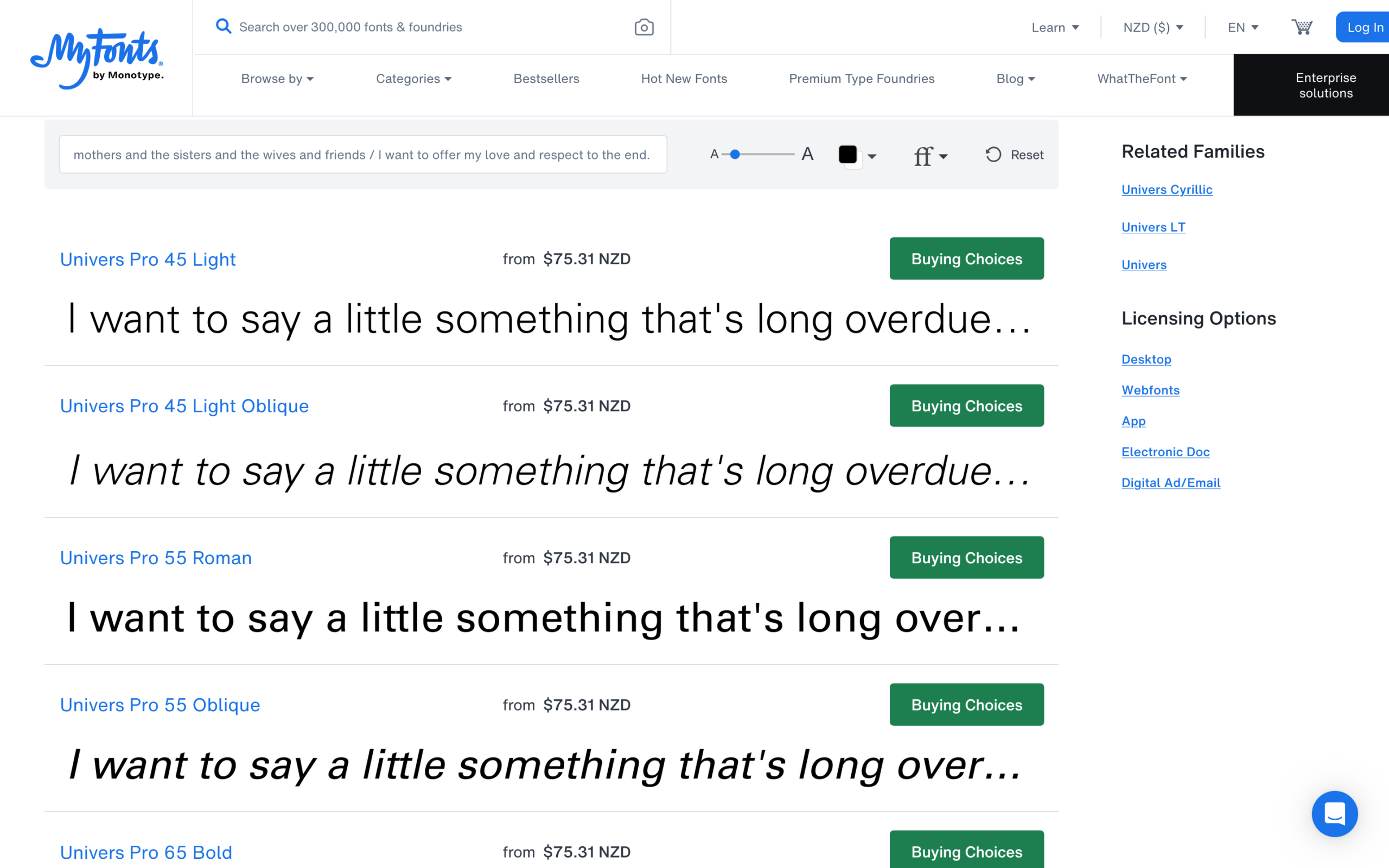 Web page layout on MyFonts showcasing Univers Pro font styles including Light, Oblique, and Roman with New Zealand Dollar pricing.