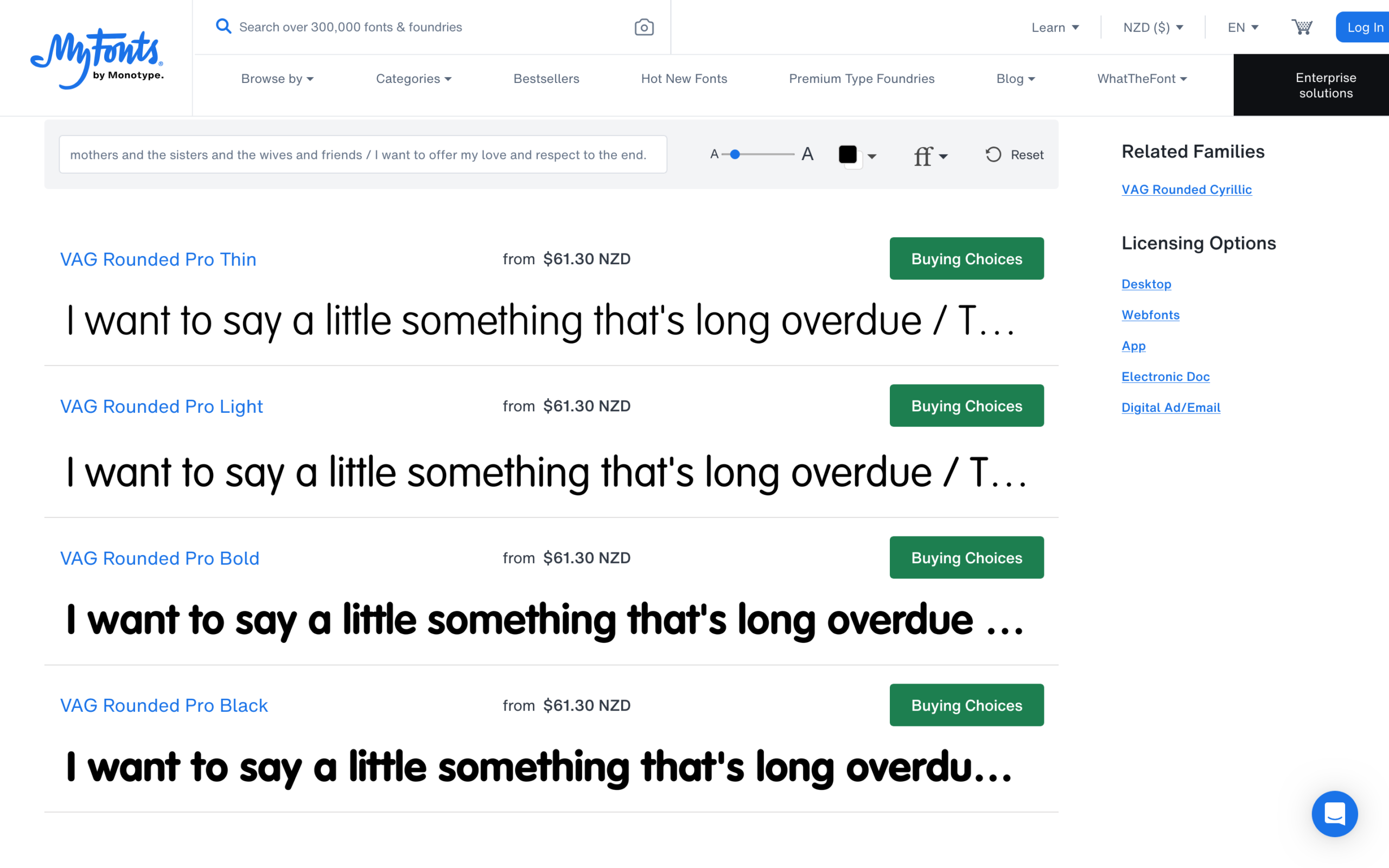 Web preview on MyFonts presenting the VAG Rounded Pro typeface weights from Thin to Black alongside purchase options.