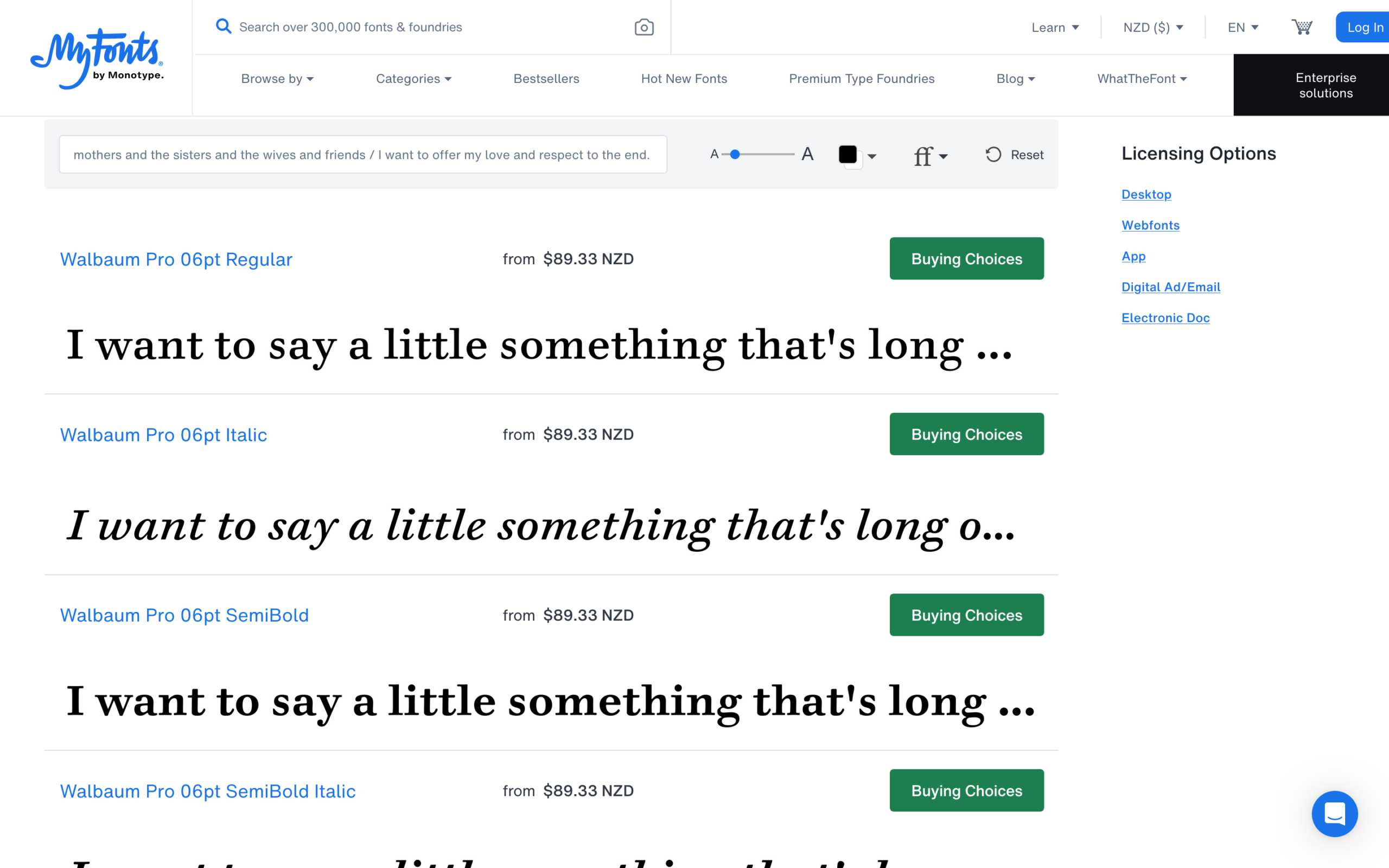 Product listing on MyFonts displaying specimen text for Walbaum Pro serif font variations including Regular, Italic, and SemiBold.