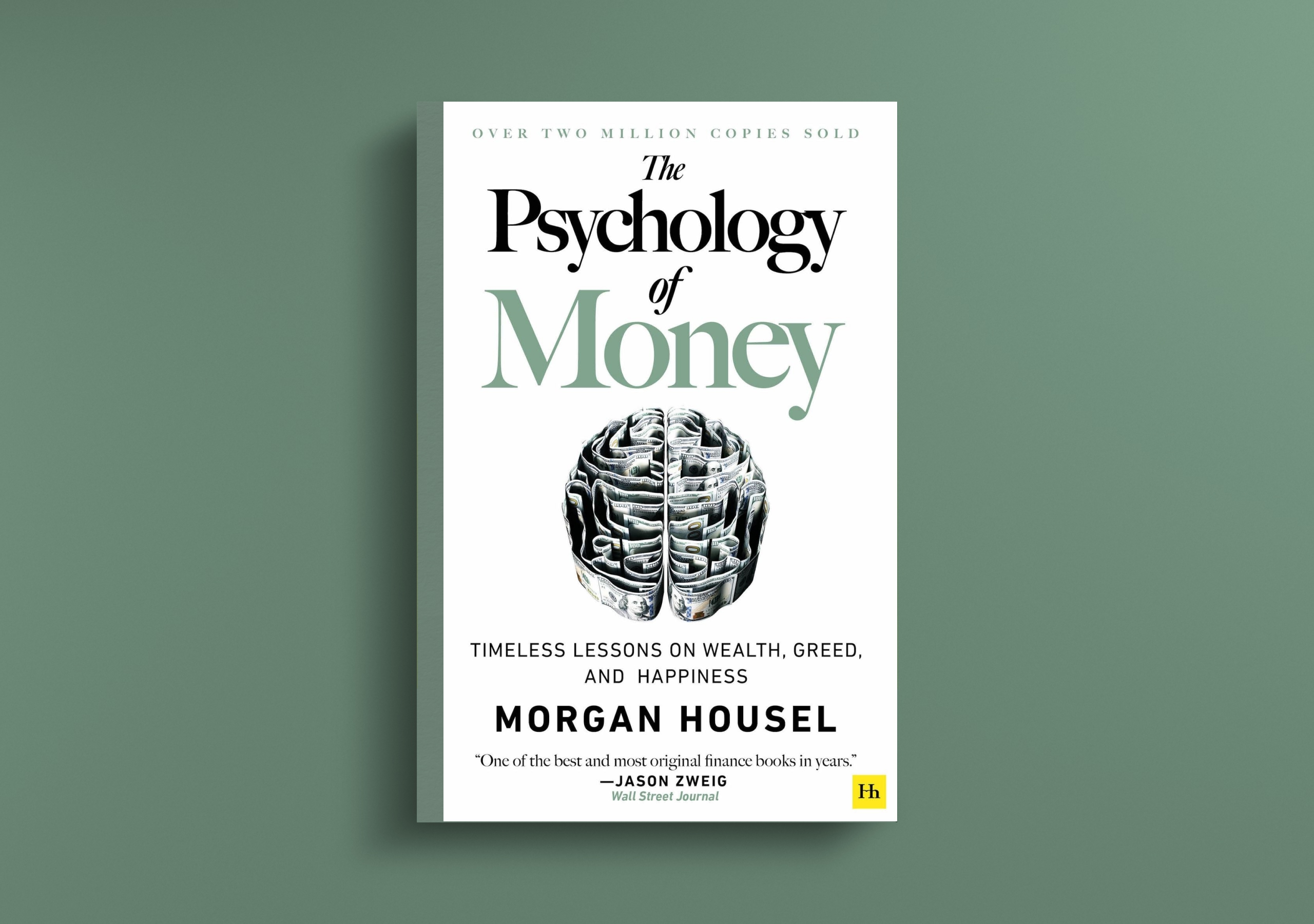 Front cover of the book "The Psychology of Money" by Morgan Housel, featuring an illustration of a brain folded from United States dollar bills on a white cover.