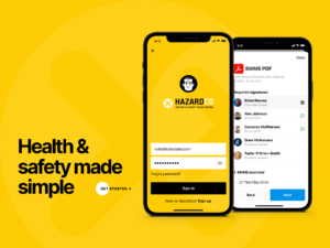 Two smartphone screens demonstrating the HazardCo mobile app, showing the login screen and a SWMS document signature tracking feature against a bright yellow background.