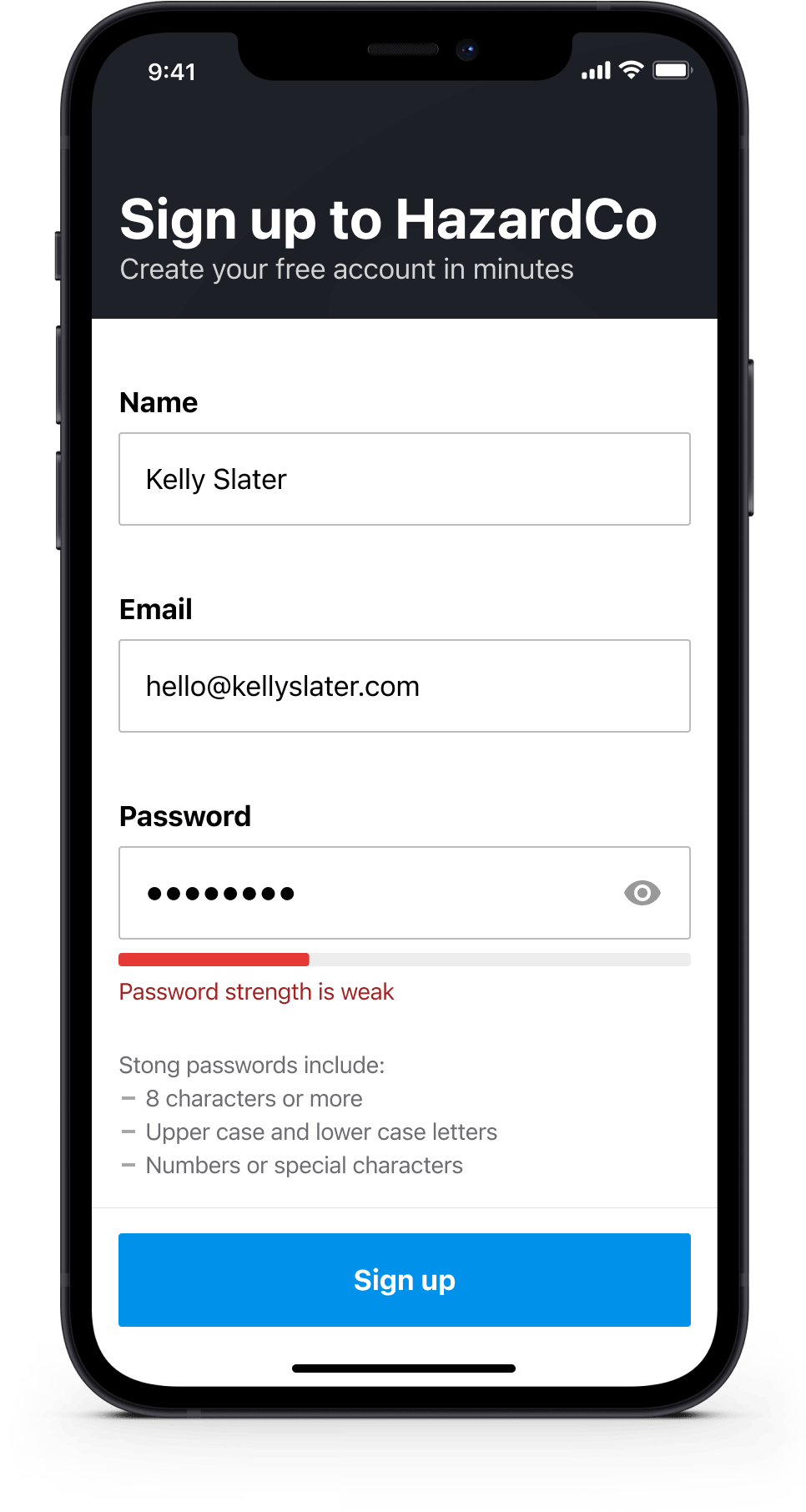 Mobile screen for creating a new account featuring name, email, and password strength validation.