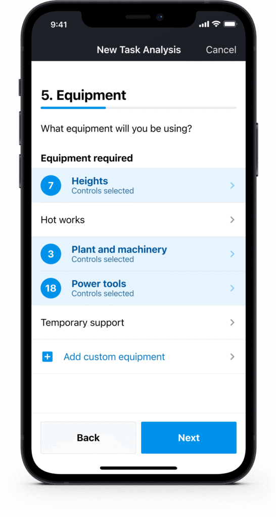 Equipment checklist form within a health and safety report