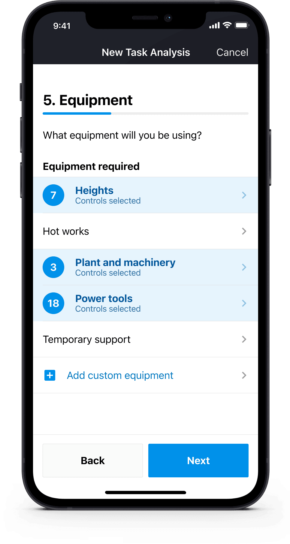 Mobile UI screen of the HazardCo worksite health and safety app for selecting required equipment and safety controls during a task analysis setup.