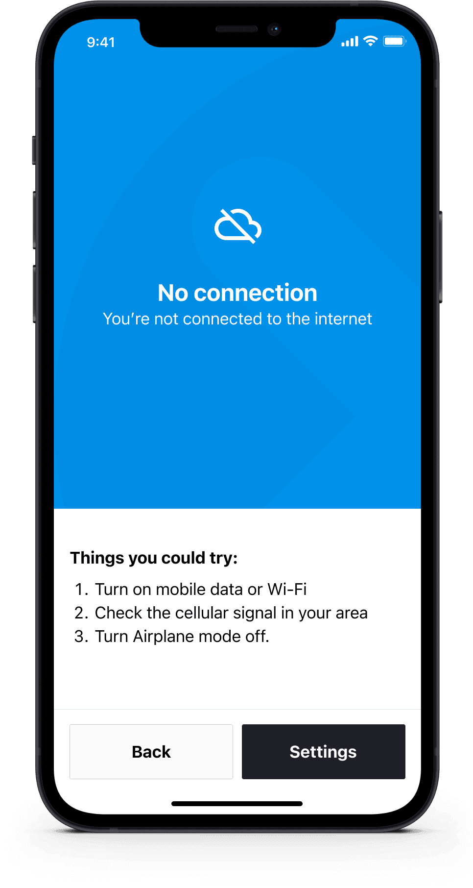 Blue offline alert screen displaying network connection failure and troubleshooting advice.