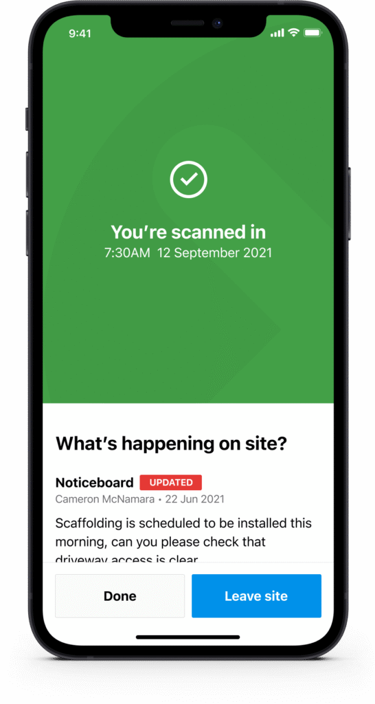 Success screen confirming a completed site scan-in