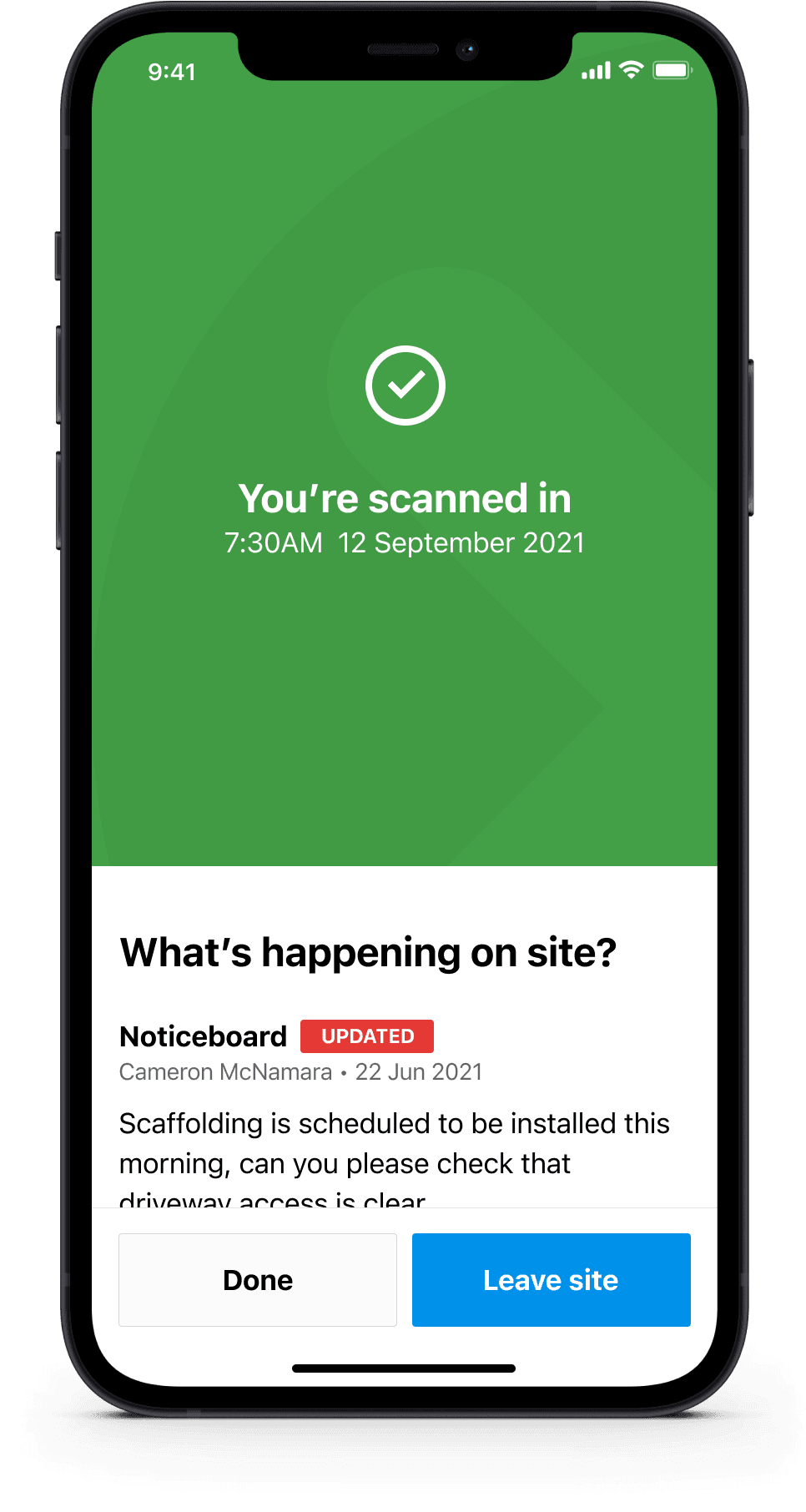 Green confirmation screen displaying site check-in status and active worksite noticeboard updates.